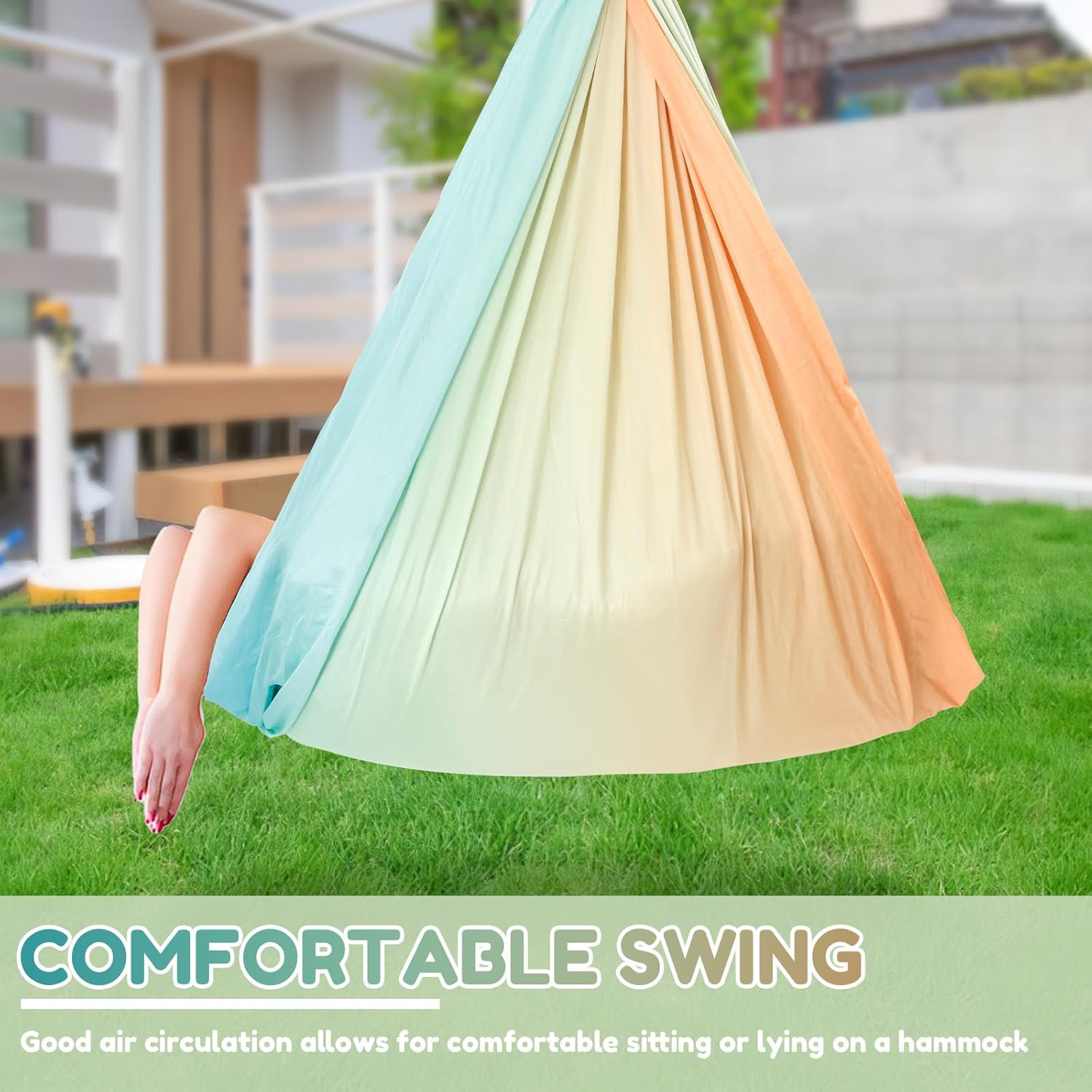 Kids Therapy Swing Hammock, Sensory Swing Indoor Outdoor Relaxing Firm Double Layer Therapy Cuddle Swings Stable Easy to Install Sensory Bundle for ADHD Asperger'S Integration Autism Therapy (Style B) - Orange + Green image number 5