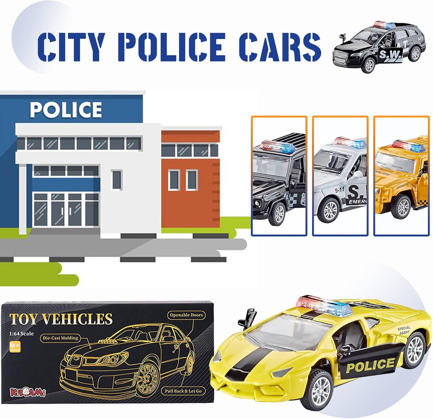 KIDAMI Die Cast Metal Toy Cars Set of 5, Openable Doors Pull Back Car Gift Pack for Kids (Police Car) image number 2
