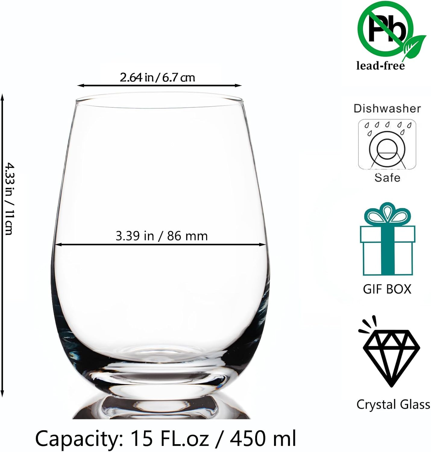 Premium Crystal Stemless Wine Glasses Set of 6, 450 Ml Lead-Free Red or White Wine Glass, Water Juice Glasses, All-Purpose Beverage Cups, Clear Drinking Tumblers in Gift Box, Dishwasher Safe image number 4