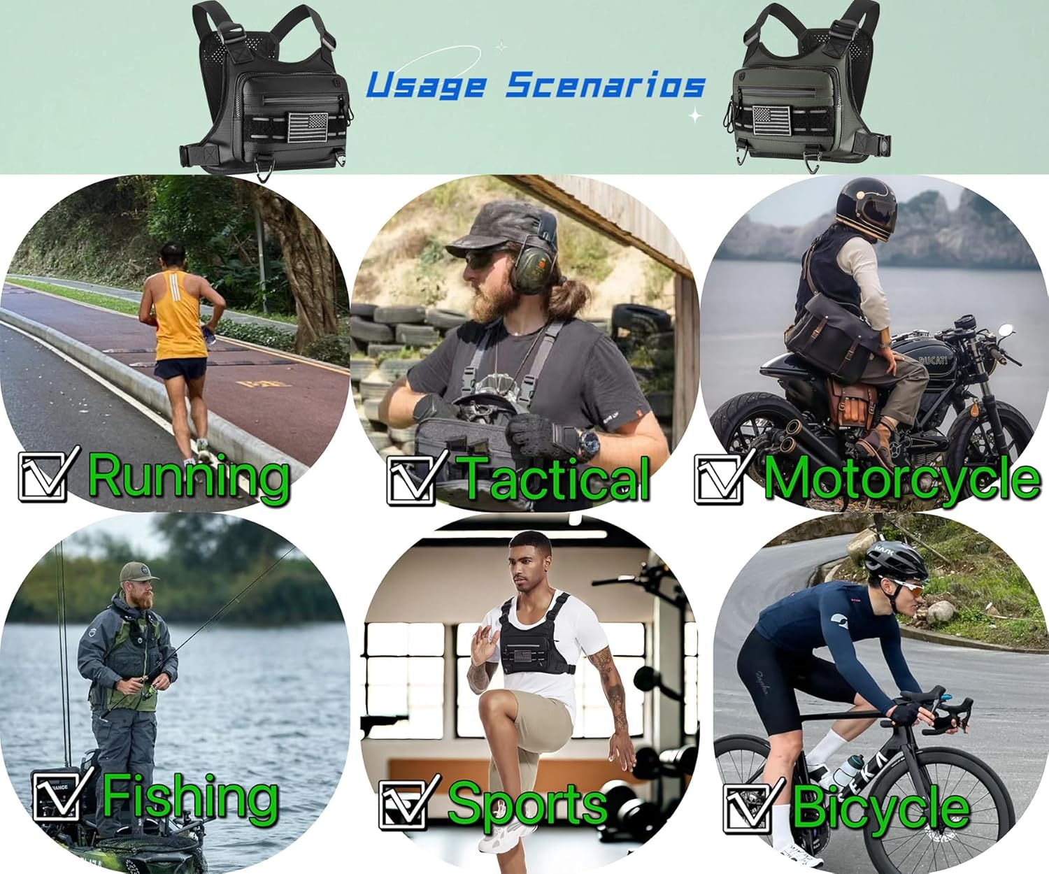 Chest Bag for Men and Women Water Resistant Running Vest Tactical Chest Bag Pack for Sports Outdoor, Black, One Size