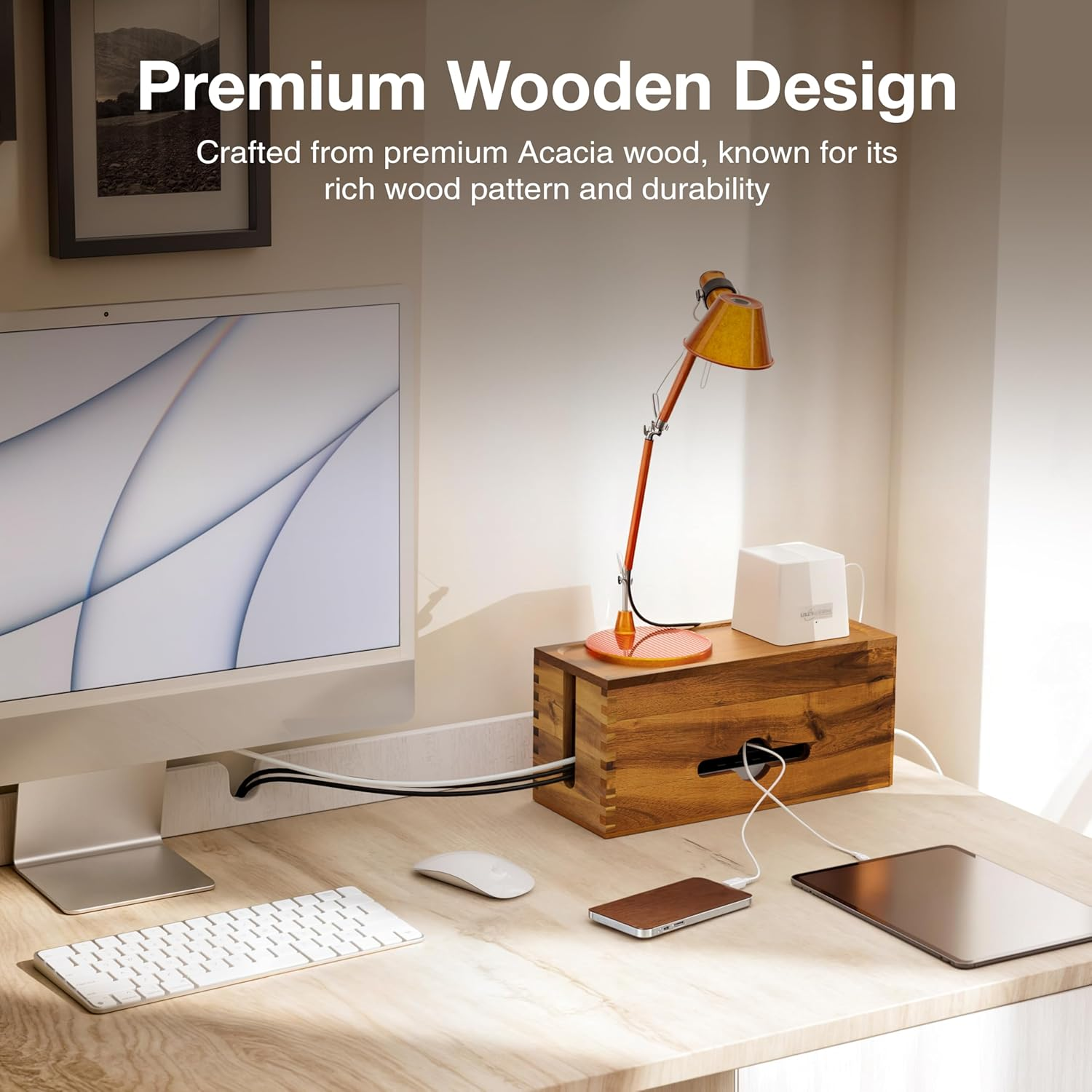 Acacia Cable Management Box - Cable Organizer Box and Power Strip Box for Electrical Cord Management - Desk Cord Hider and Floor Cable Management (Acacia, 15" Length) image number 1