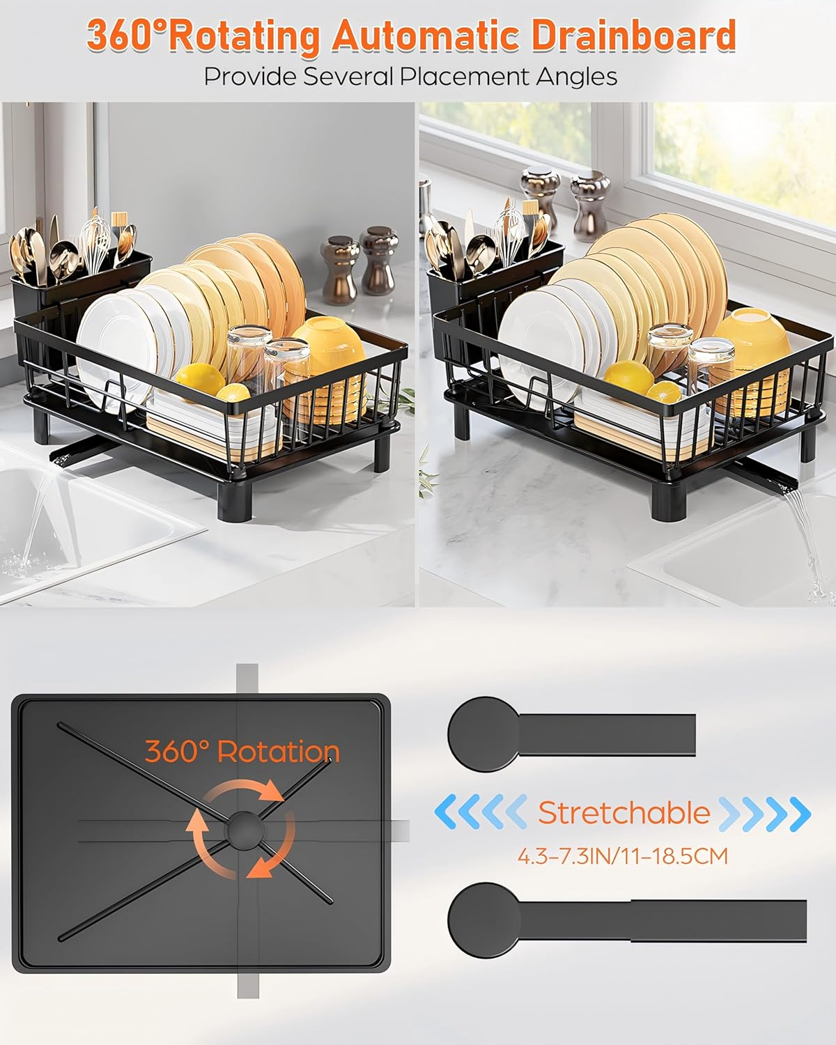 Large Dish Drying Rack with Drainboard, Stainless Steel Dish Rack for Kitchen Counter,Detachable Dish Drainer Organizer Shelf with Utensil Holder Set (Black) image number 4