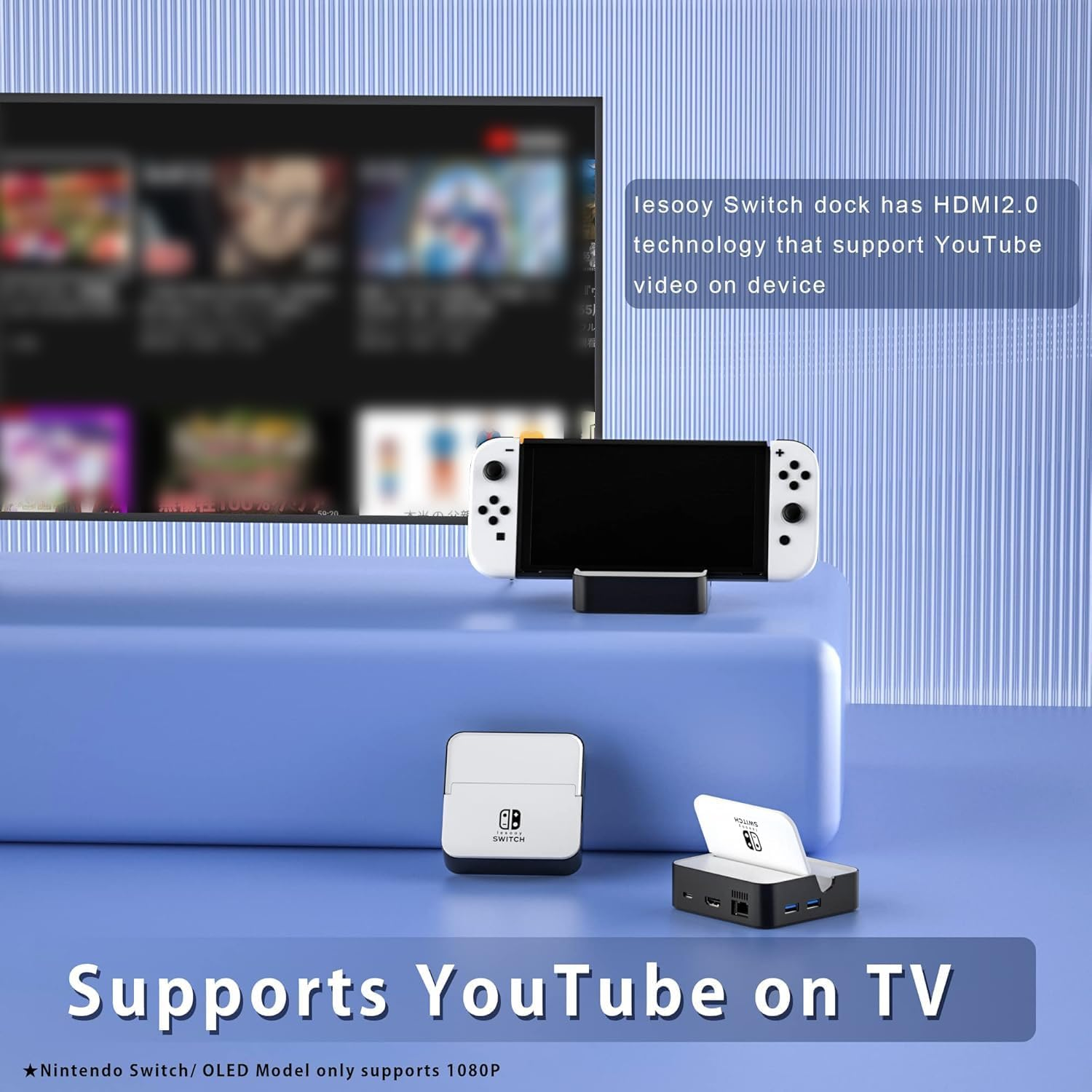TV Docking Station for Nintendo Switch/Nintendo Switch OLED Model, 6-In-1 Switch Dock with HDMI 2.0, 100Mbps Ethernet, 2 USB-A 2.0, 1 USB 3.0,100W USB-C Charging Port, Supports Youtube on TV image number 5