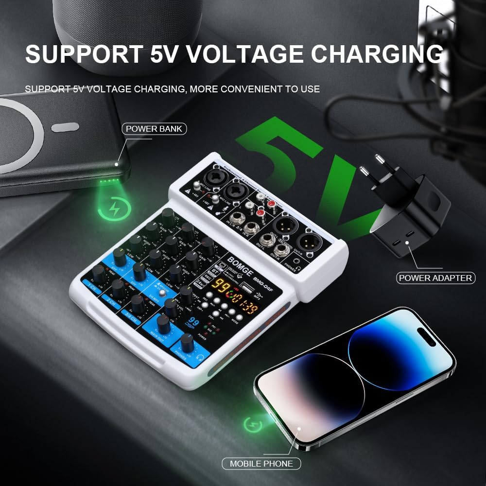 BOMGE 4 Channel Mini DJ Audio Sound Mixer Interface with MP3、 USB, Bluetooth, Stereo Recording, 48V Phantom Power, 24 DSP for Karaoke, Performance, Church Singing 、 Podcas Streaming- White image number 4