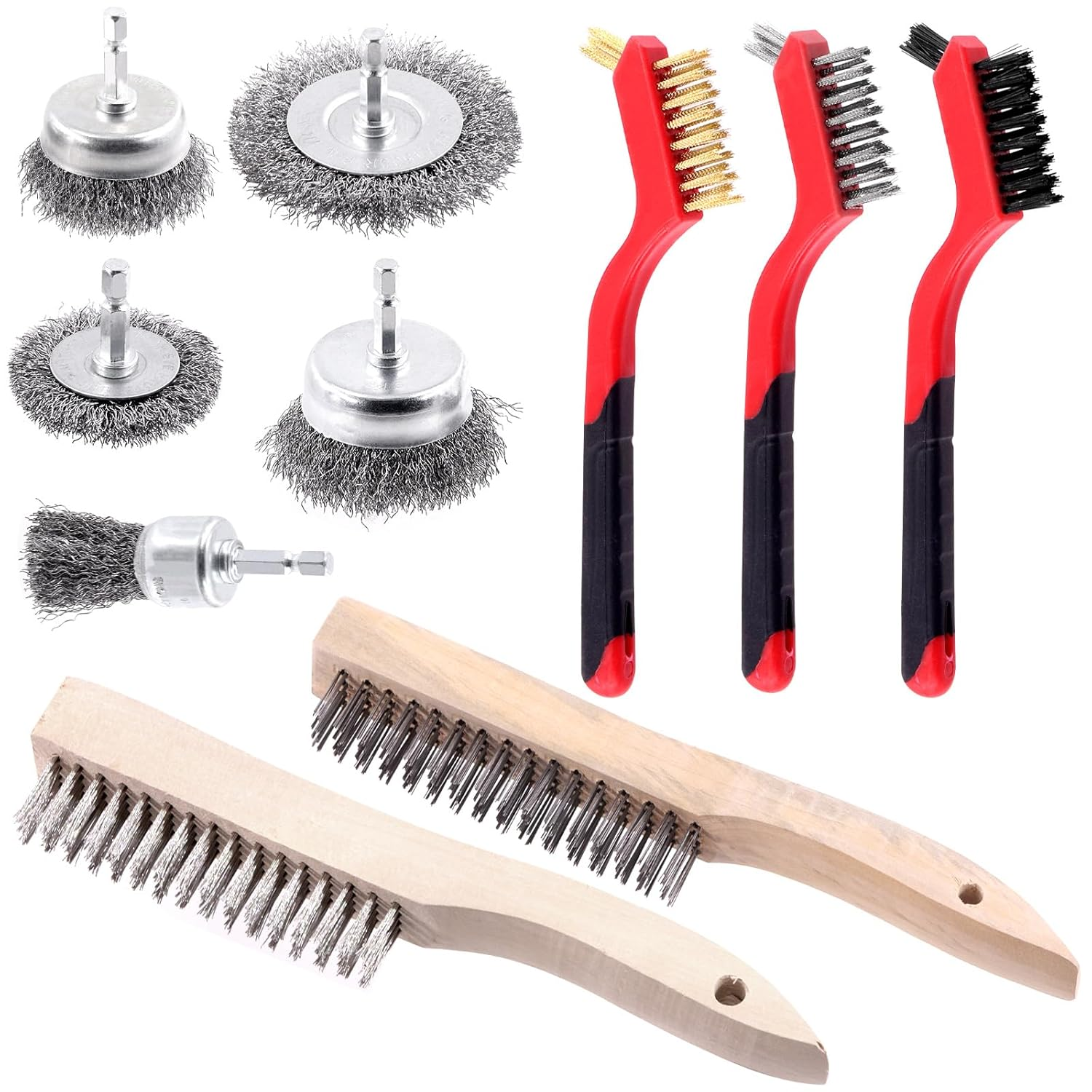 Glarks 10Pcs Wire Scratch Brush Set, Including 5Pcs Wire Wheel Cup Brushes, 3Pcs Brass/Nylon/Stainless Steel Brushes with Wood Handle Curved Grip, 2Pcs Stainless and Carbon Steel Wire Brush image number 3