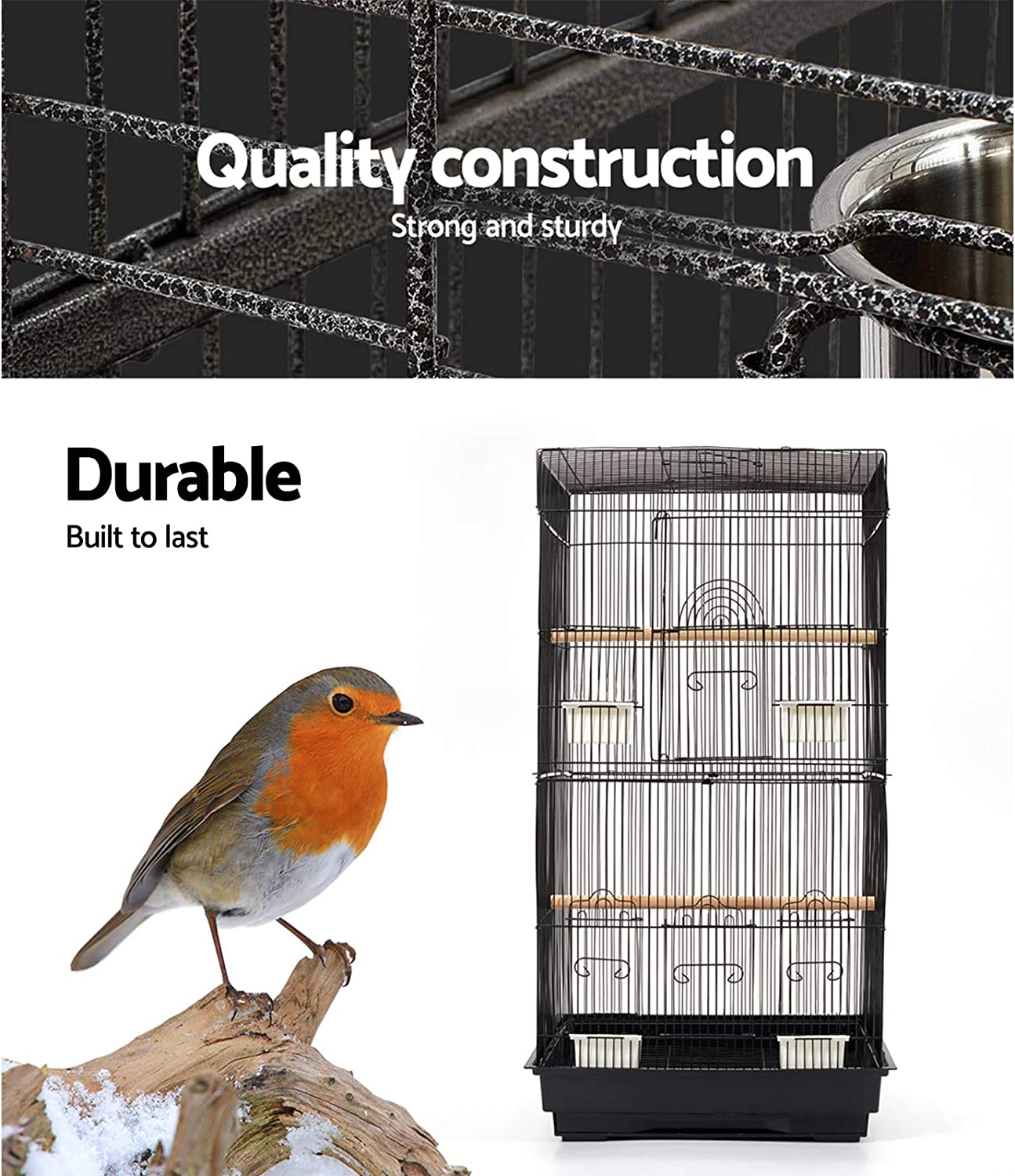 I.Pet Bird Cage 47 X 36 X 88Cm Guinea Pig Pet Birds Parrot Ferret Cages Aviary House Budgie Finch Canary Stand Toys,Black 2 Perch + Slide-Out Removable Tray image number 4