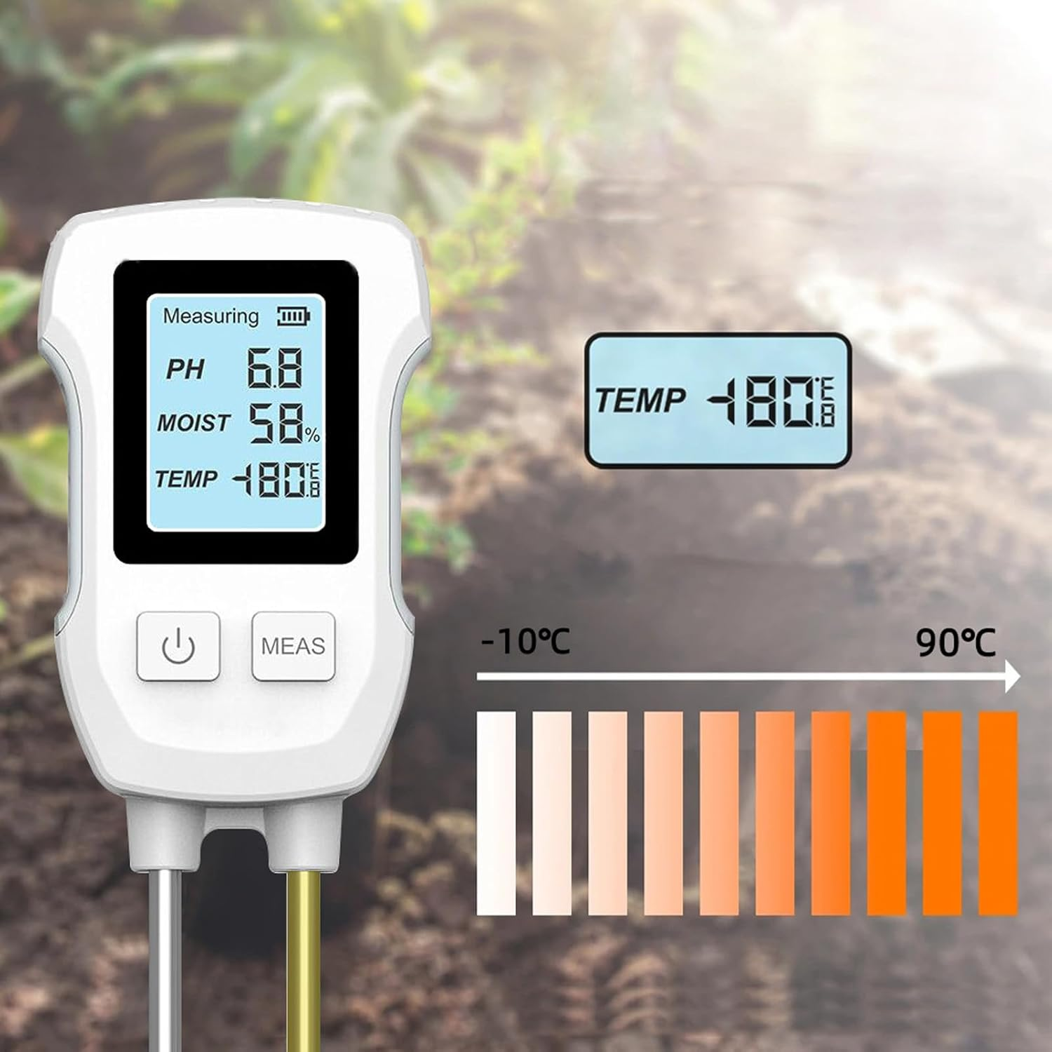 Soil Moisture Sensor Meter, 3 to 9 Soil PH Tester, 0% to 90% Moisture Range Dual Probe Soil Moisture EC Tester with Digital Display, for Gardening Farming image number 1