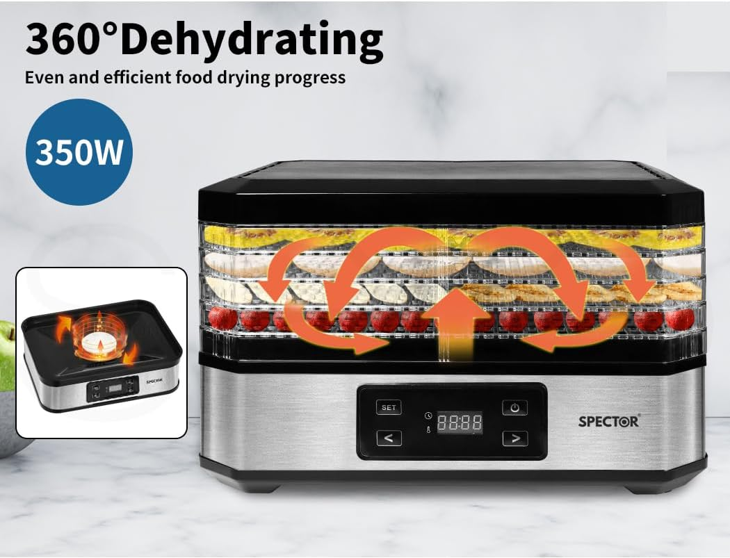 Spector Food Dehydrators,Food Dryer with 5 Removable Trays,40-70℃ Adjustable Temperature Controls for Jerky Yogurt Fruit Maker,48H Adjustable Timer, Lcd Touch Control,Silver image number 4