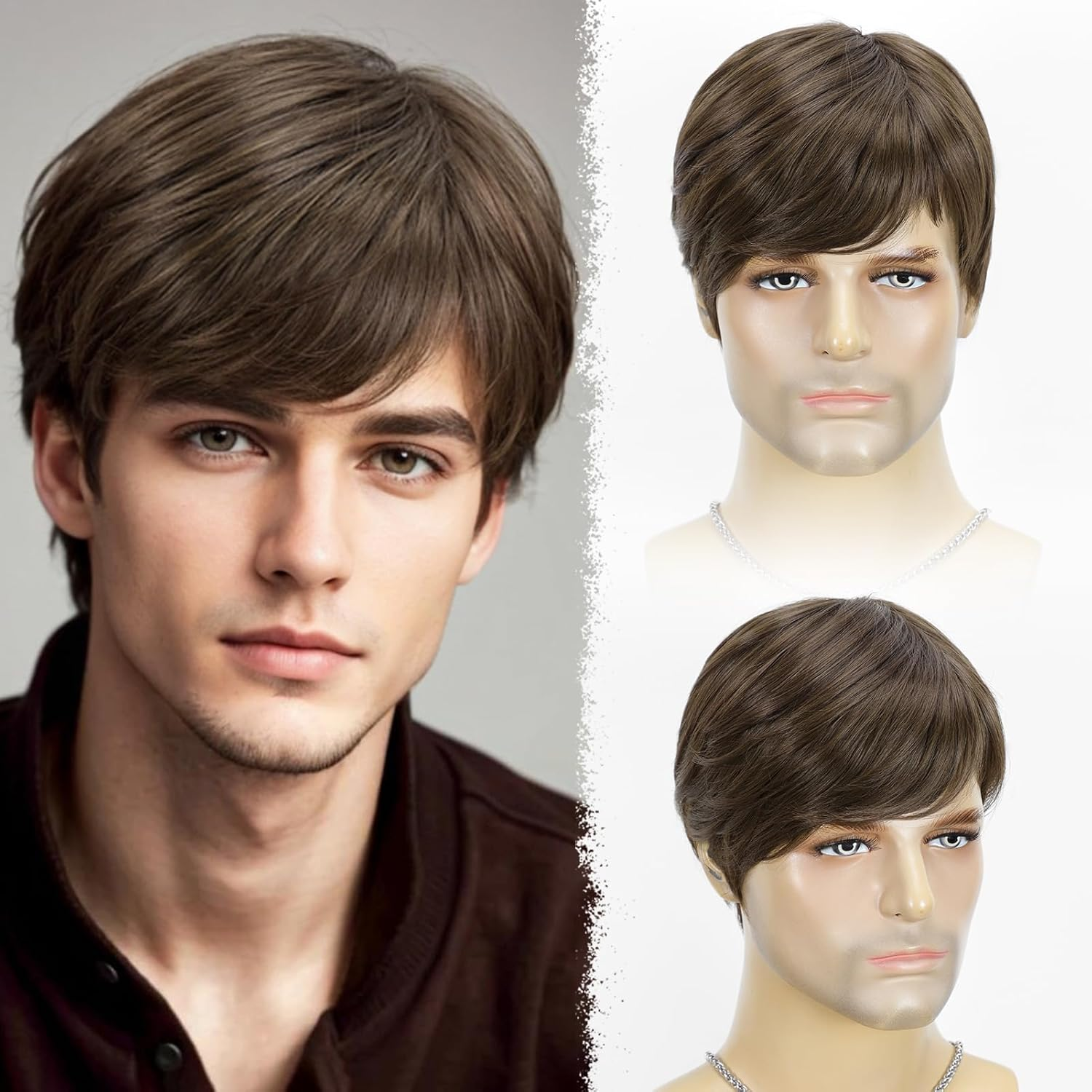 Short Straight Synthetic Wig for Men Male Hair Fleeciness Realistic Brown Mix Natural Full Wigs Yanyu
