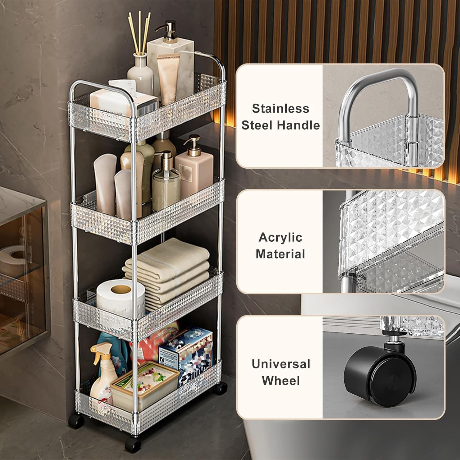 4 Tier Trolley, Metal Utility Cart,Storage Rolling Cart, Clear Bathroom Organizer,Plastic Tiered Shelf with Wheels, Versatile Storage Rack for Bathroom, Kitchen, Space-Saving Design （Clear） image number 1