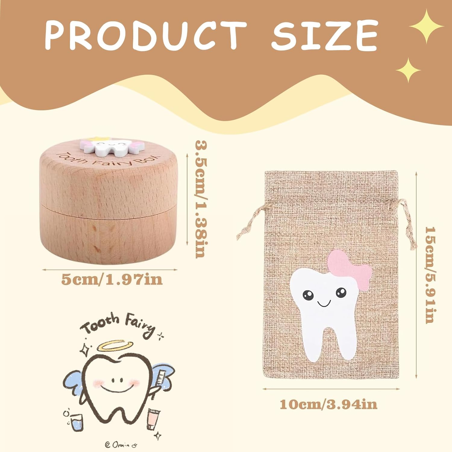 2 Pcs Set Wooden Tooth Fairy Box Tooth Fairy Bag 3D Carved Wooden Toothfairy Box, Collect Lost Teeth Dropped Keepsake Storage Baby Shower Birthday Gift image number 1