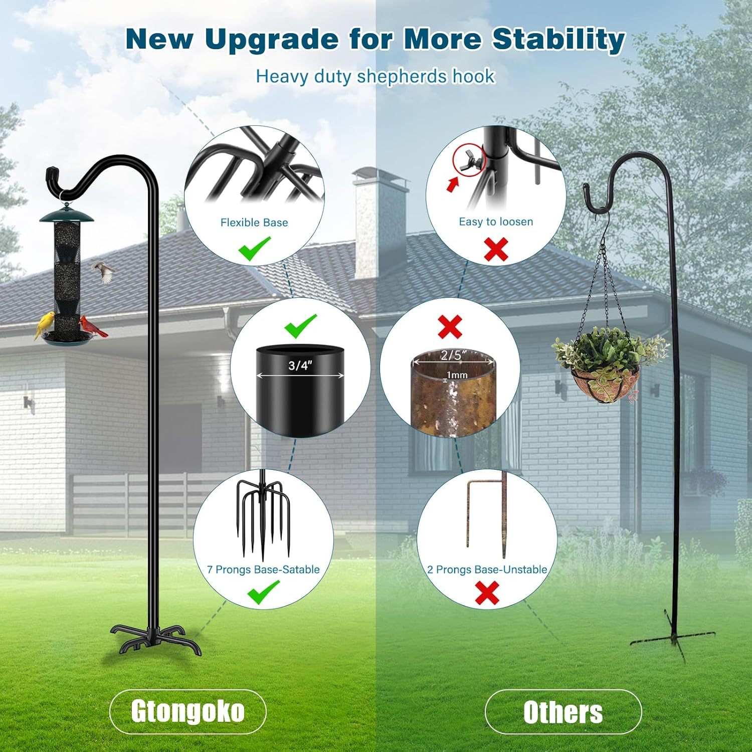 Gtongoko Adjustable Shepherds Hooks for Outdoor 76 Inch Bird Feeder Pole with 7 Prongs Base, 3/4 Inch Thick Heavy Duty for Hanging Bird Feeder, Plant Baskets,1 Pack image number 1