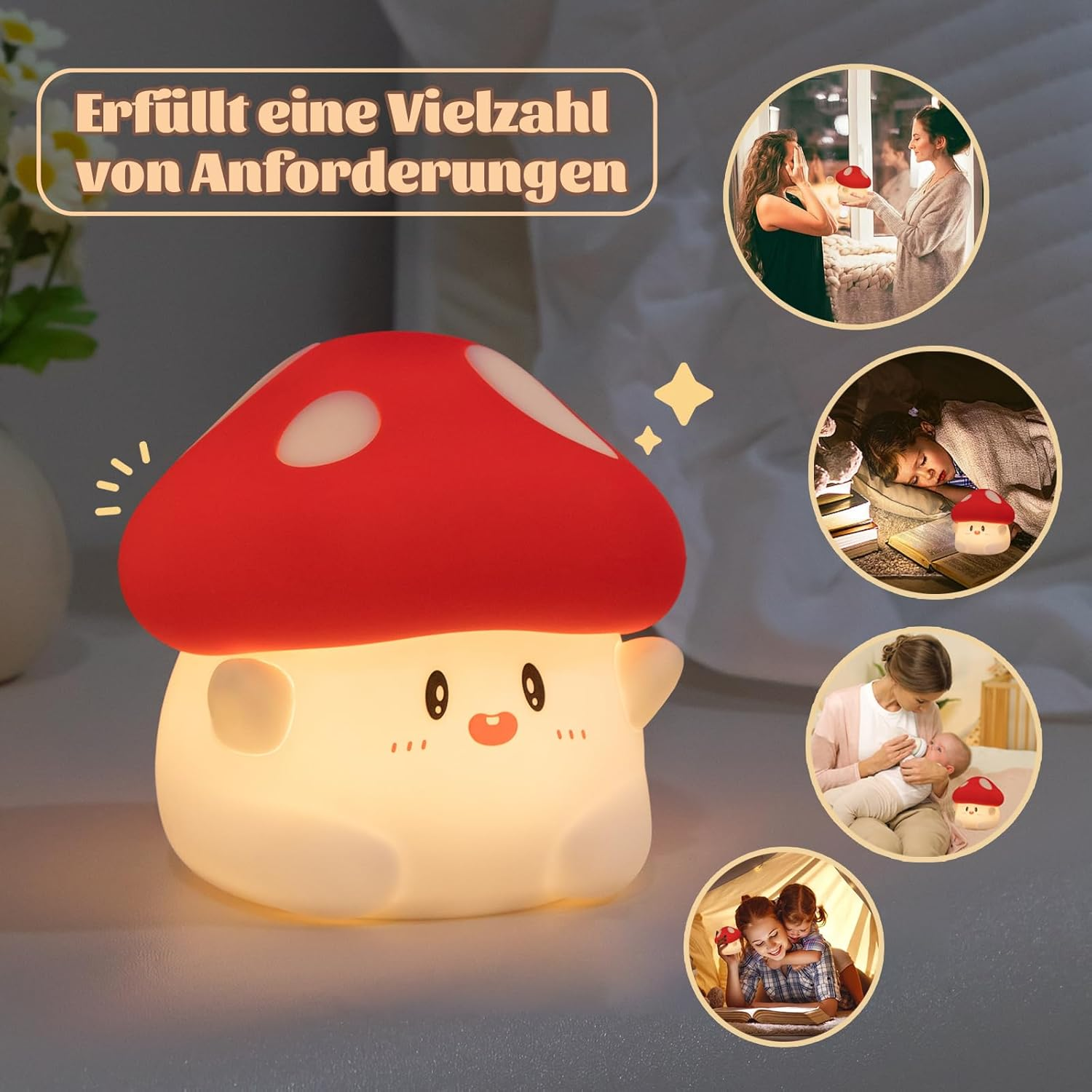 Mushroom Night Light, Cute LED Squishy Night Lamp, 2 Levels Dimmable, Rechargeable, Timer, White Silicone