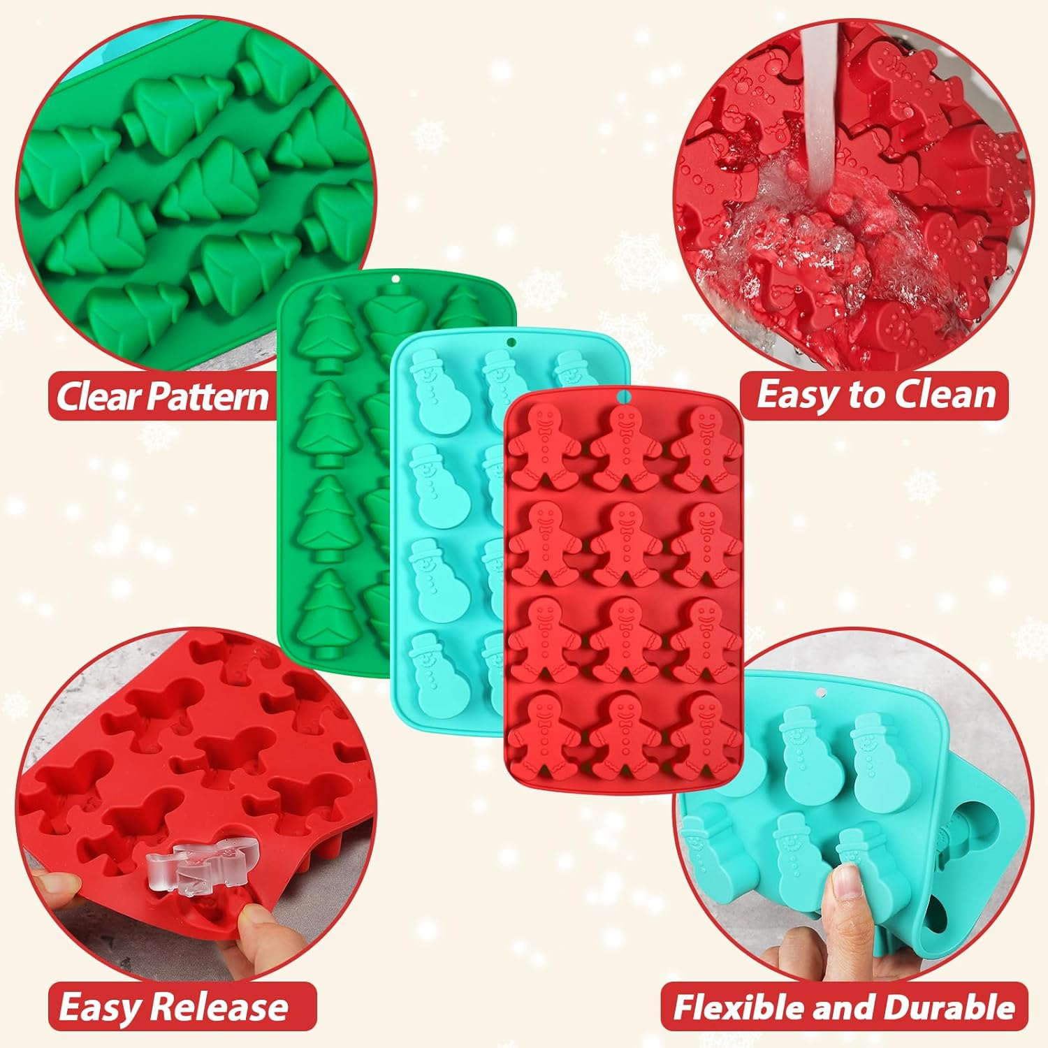 Kamehame Christmas Ice Cube Molds, Silicone Ice Molds with Shape Gingerbread Snowman Christmas Tree, Chocolate Dessert Baking Molds