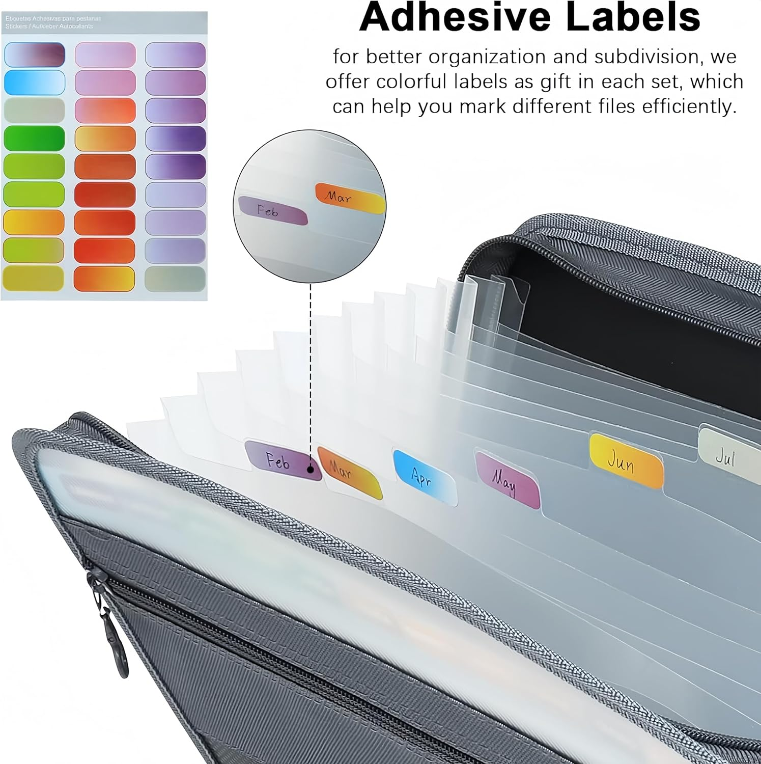 File Organiser Expanding File A4 Binder Display Folder Document Holder Office Supplies 13 Pockets Document Organizer with Zipper Document Wallet with 24Pcs Multicolor Labels image number 4