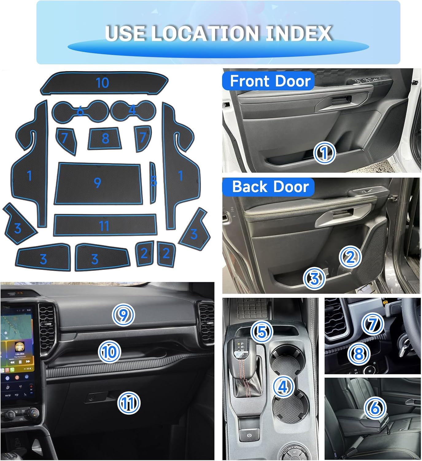 SXCY for 2024 Ford Ranger Accessories Cup Holder Inserts Liner 2024 Ranger Door Slot Mats Cupholder Coasters for 2024 Ford Ranger Lariat/Raptor/Xl/Xlt Accessories Inserts Liner Waterproof Mats(Blue) image number 1