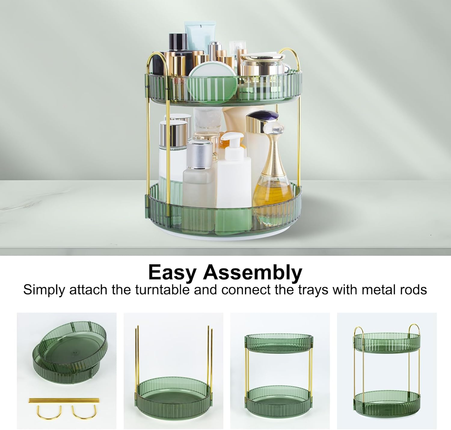 360 Rotating Makeup Organizer for Vanity, 2 Tier Perfume Skincare Organizers and Storage for Bathroom Countertop, Large Capacity Clear Spinning Counter Cosmetic Holder for Dresser, Green image number 2