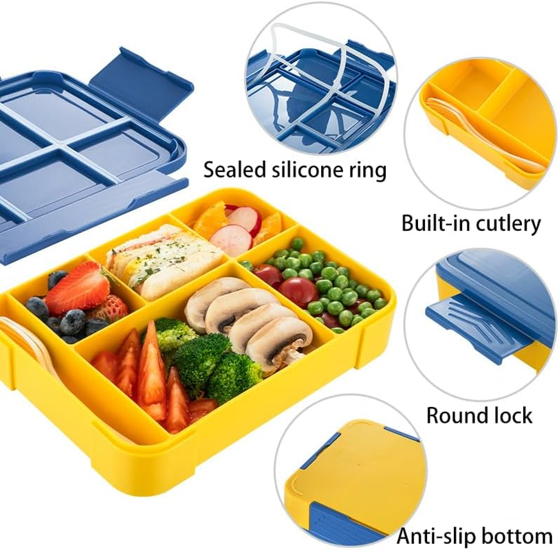 Bento Lunch Box,5 Compartment Adults Lunch Box with Spoon,1330 ML Leak Proof Lunch Containers for School,Work and Travel,Bpa Free(Rose Red)