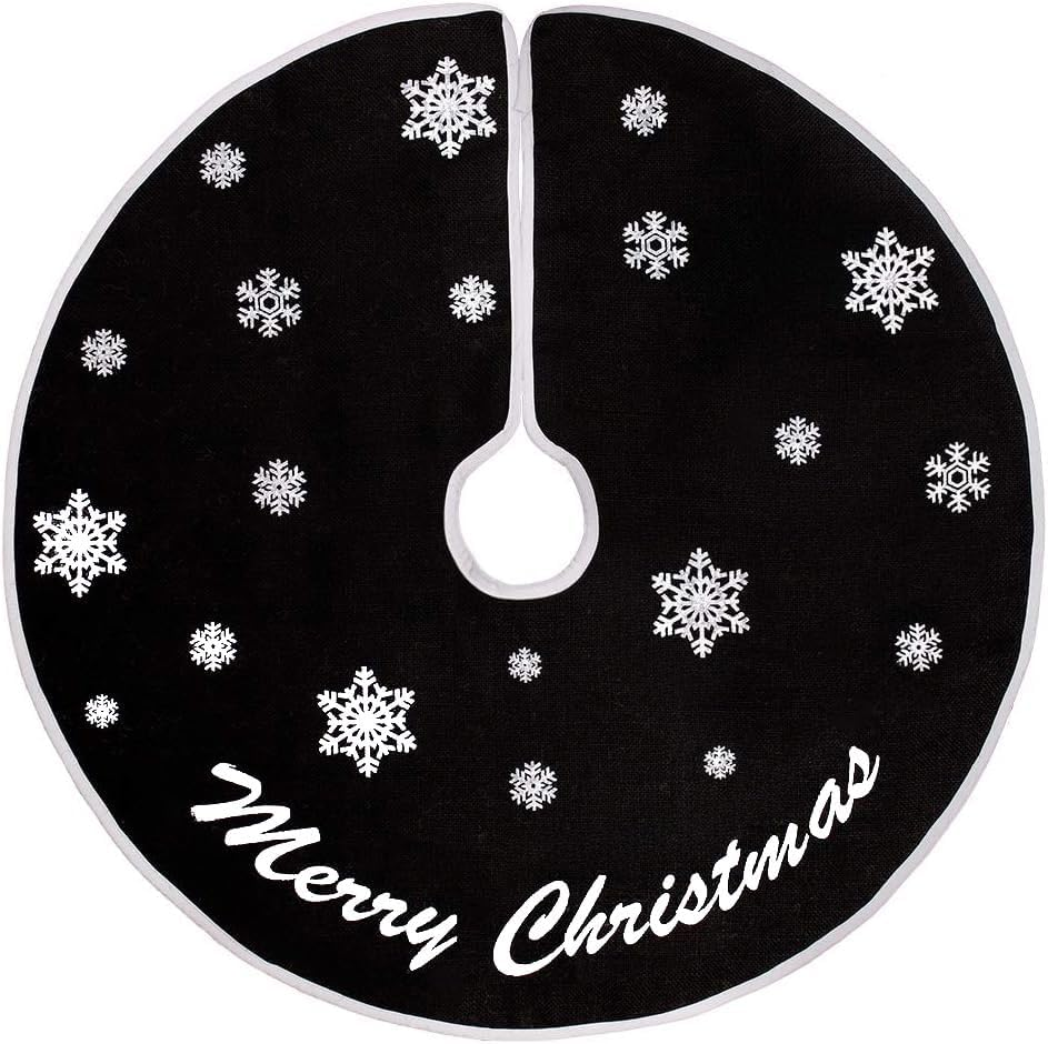 HOHOTIME Burlap Christmas Tree Skirt, 30 Inch Black Tree Skirt with White Snowflakes and Merry Christmas Words, for Xmas Holiday Home Decoration image number 5