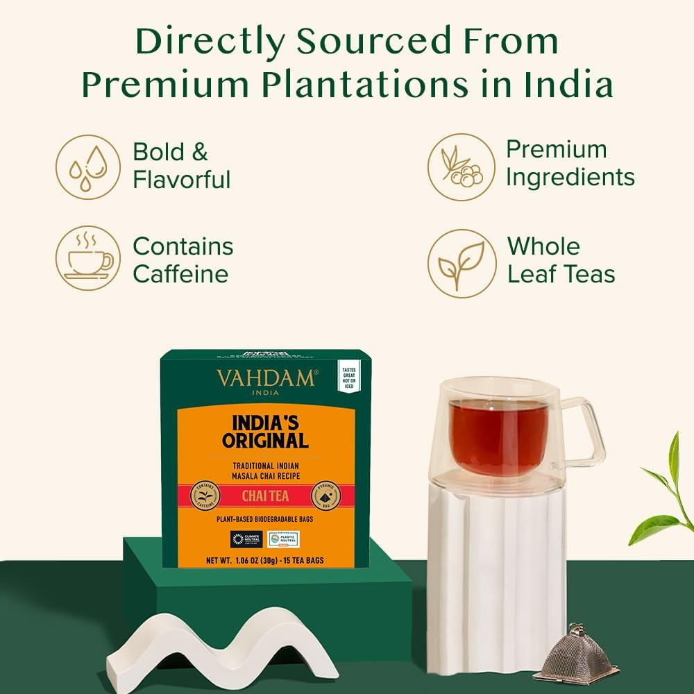 VAHDAM, India'S Original Masala Chai Tea Bags (15 Count) Non GMO, Gluten Free, No Added Flavoring | Blended W/Savory Exotic Spices | Individually Wrapped Pyramid Tea Bags | Direct from Source image number 1