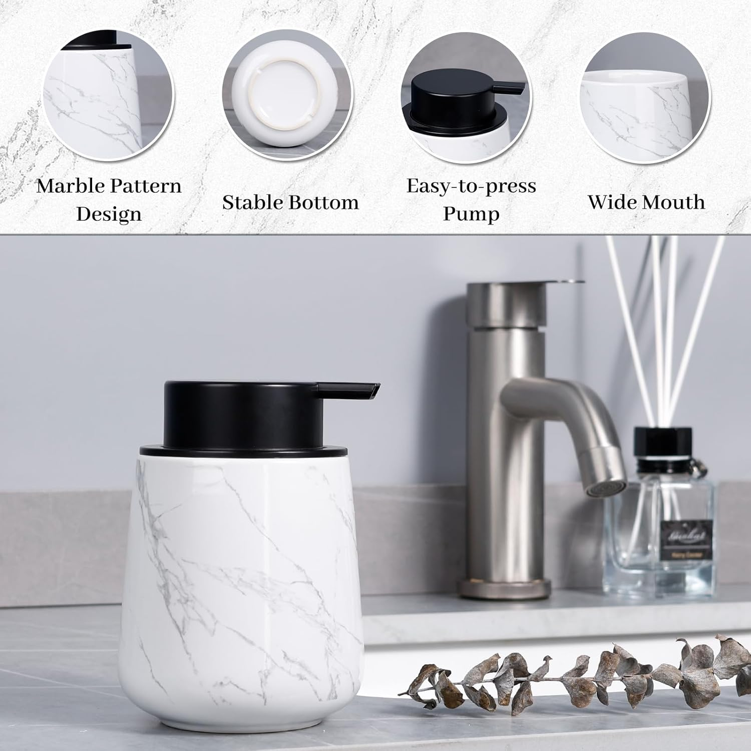 Foaming Soap Dispenser, 320Ml Ceramic Soap Dispenser Foam Dish Soap Dispenser for Bathroom Kitchen, Modern Marble Refillable Hand Soap Dispenser - Marble Pattern image number 5