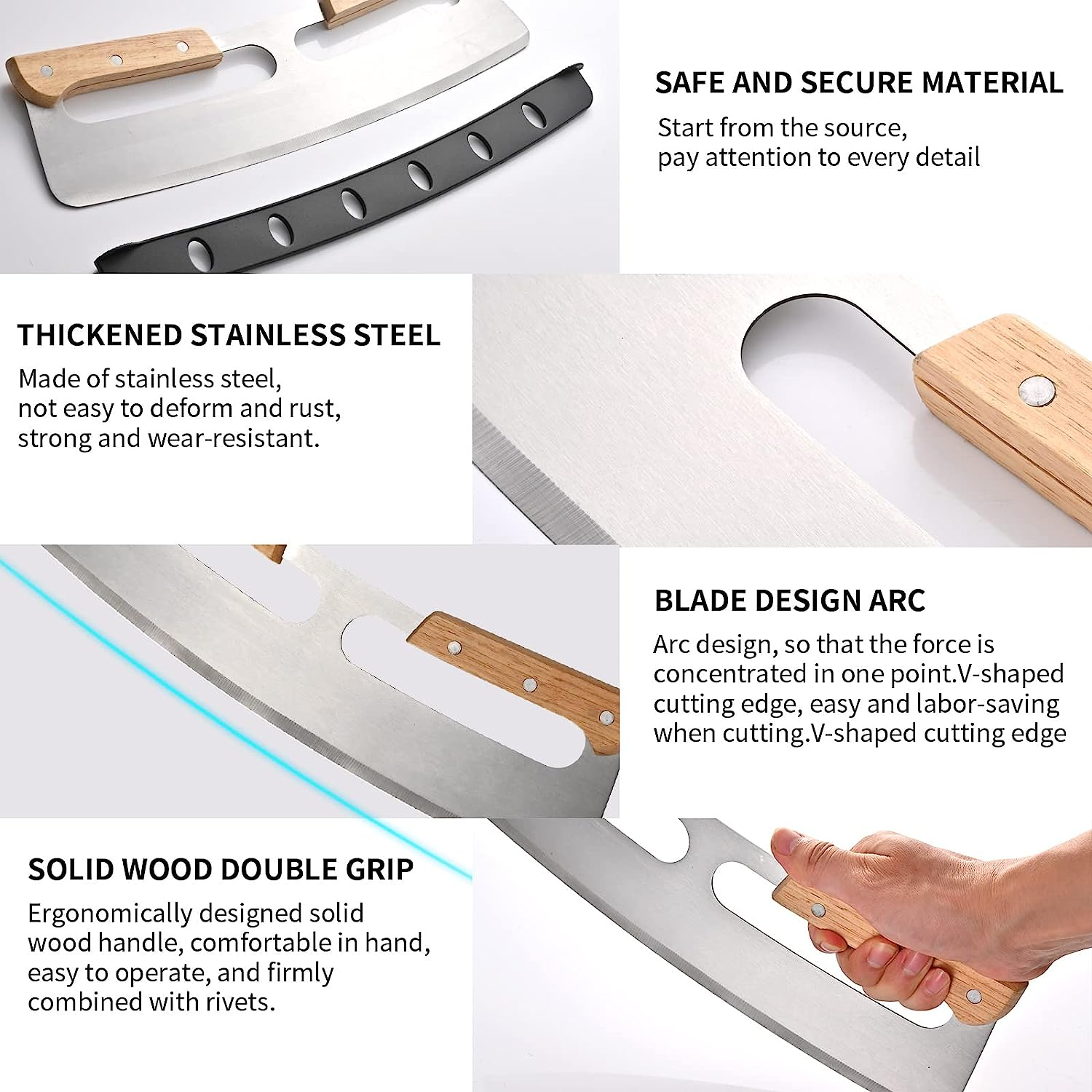 14&rdquo; Pizza Cutter Rocker Stainless Steel Arc-Shaped Blade with Protective Cover-Solid Wood Double Grip-Kitchen Pizza Tool