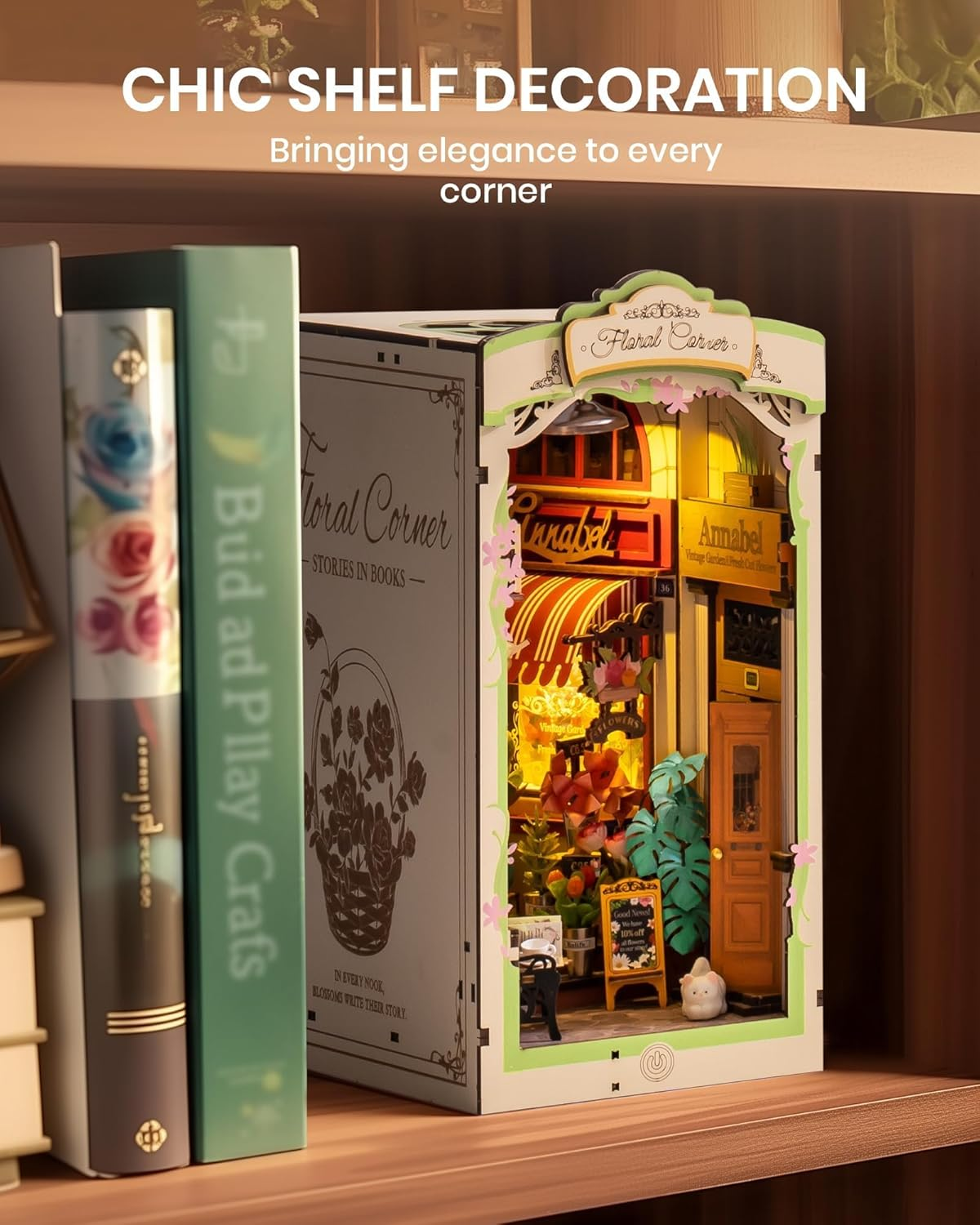 Rolife DIY Book Nook Kits for Adults, Miniature Dollhouse Booknook Kit for Home Room Decor, 3D Wooden Puzzle with LED, Flower Corner Creative Bookends Bookshelf Diorama Insert image number 2
