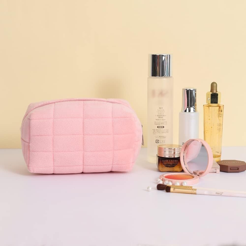 Plush Makeup Bag Cosmetic Bag for Women,Zipper Large Solid Color Travel Toiletry Bag Travel Make up Toiletry Bag Washing Pouch, Pink image number 2