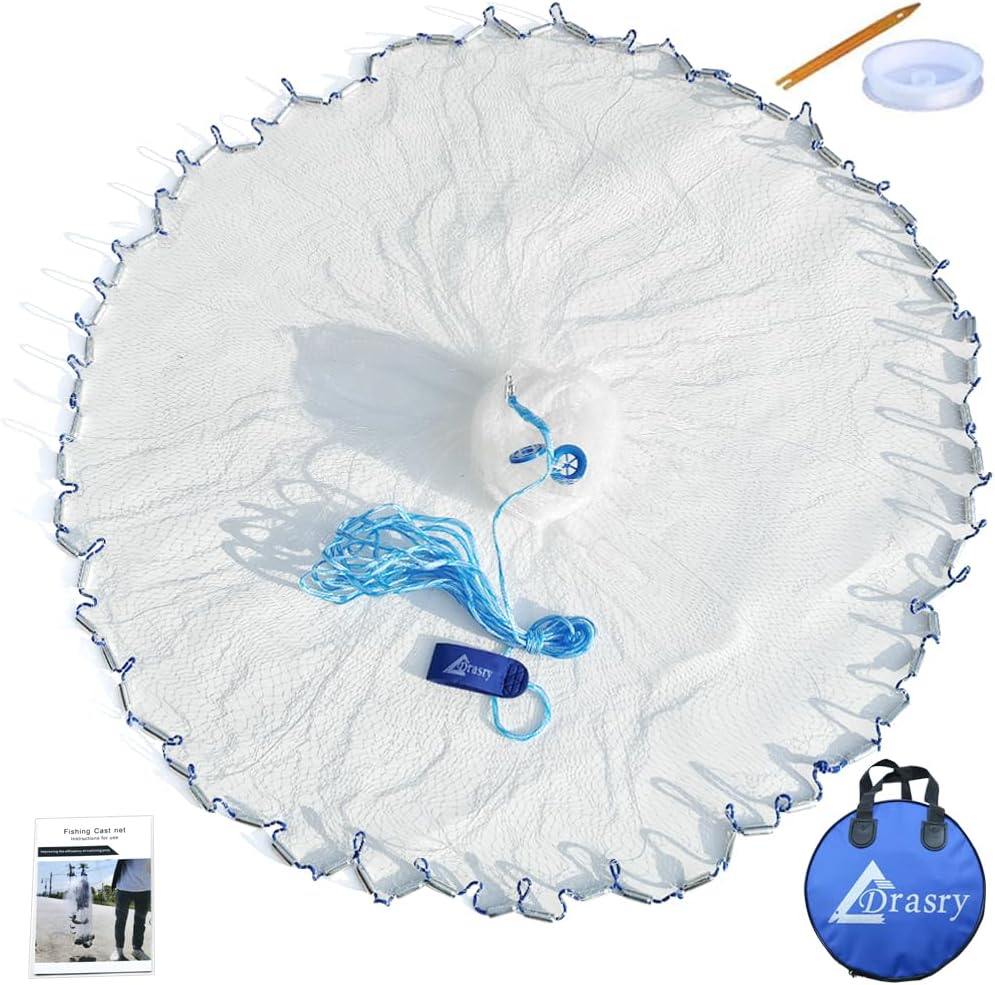 Drasry Saltwater American Fishing Cast Net 3/8Inch Mesh Size for Bait Trap Fish Heavy Duty Throw Net 4FT/5FT/6FT/7FT/8FT/9FT/10FT Radius Size