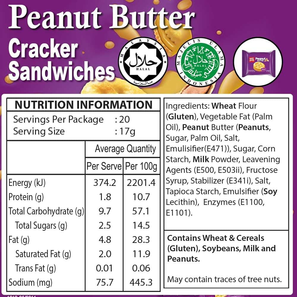 ZESS Peanut Butter Sandwich Crackers, Peanut Butter Biscuit Sandwiches Cookie 18 Individually Wrapped Packs Office and Kids Snack on the Go Snack for School Trip 612G image number 3
