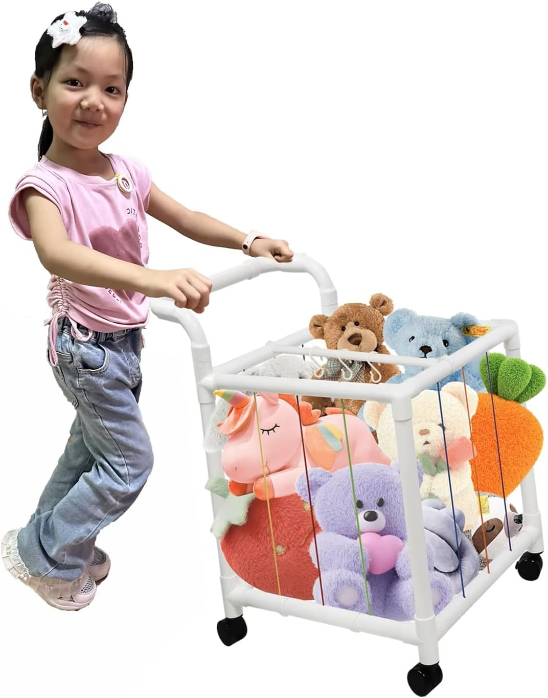 Stuffed Animal Storage Zoo, 360&deg; Rotatable Wheels Plush Tower Storage Single Layers Organizers Cage Holder with Elastic Band and Net for Bedroom Playroom Storage (50X50X50Cm) image number 4