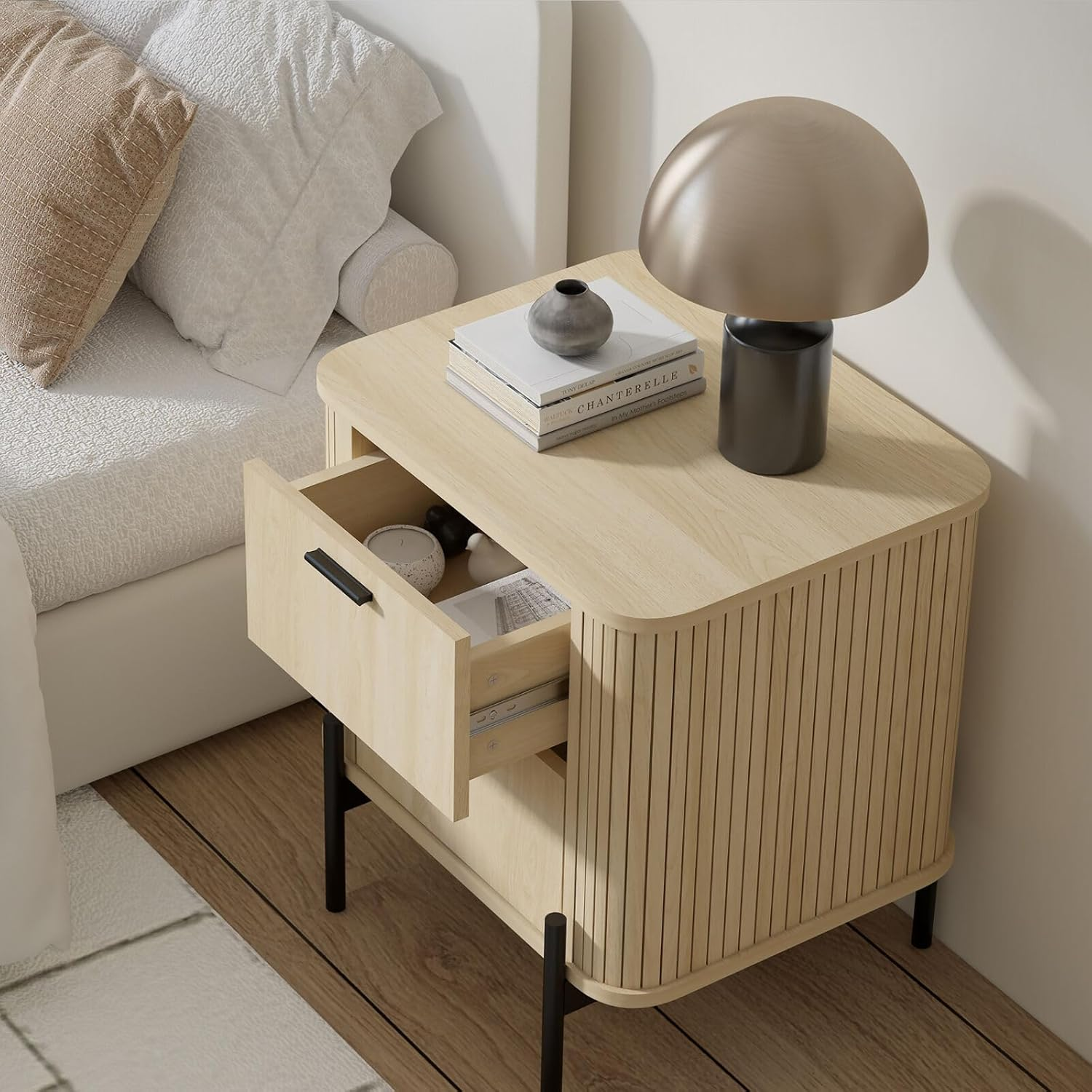 Merryluk Fluted Bedside Table with 2 Drawers Dresser, Modern Wood Chest of Bedside Table with Curved Profile, Fluted Dresser & Wood Drawer Organizer for Bedroom image number 4