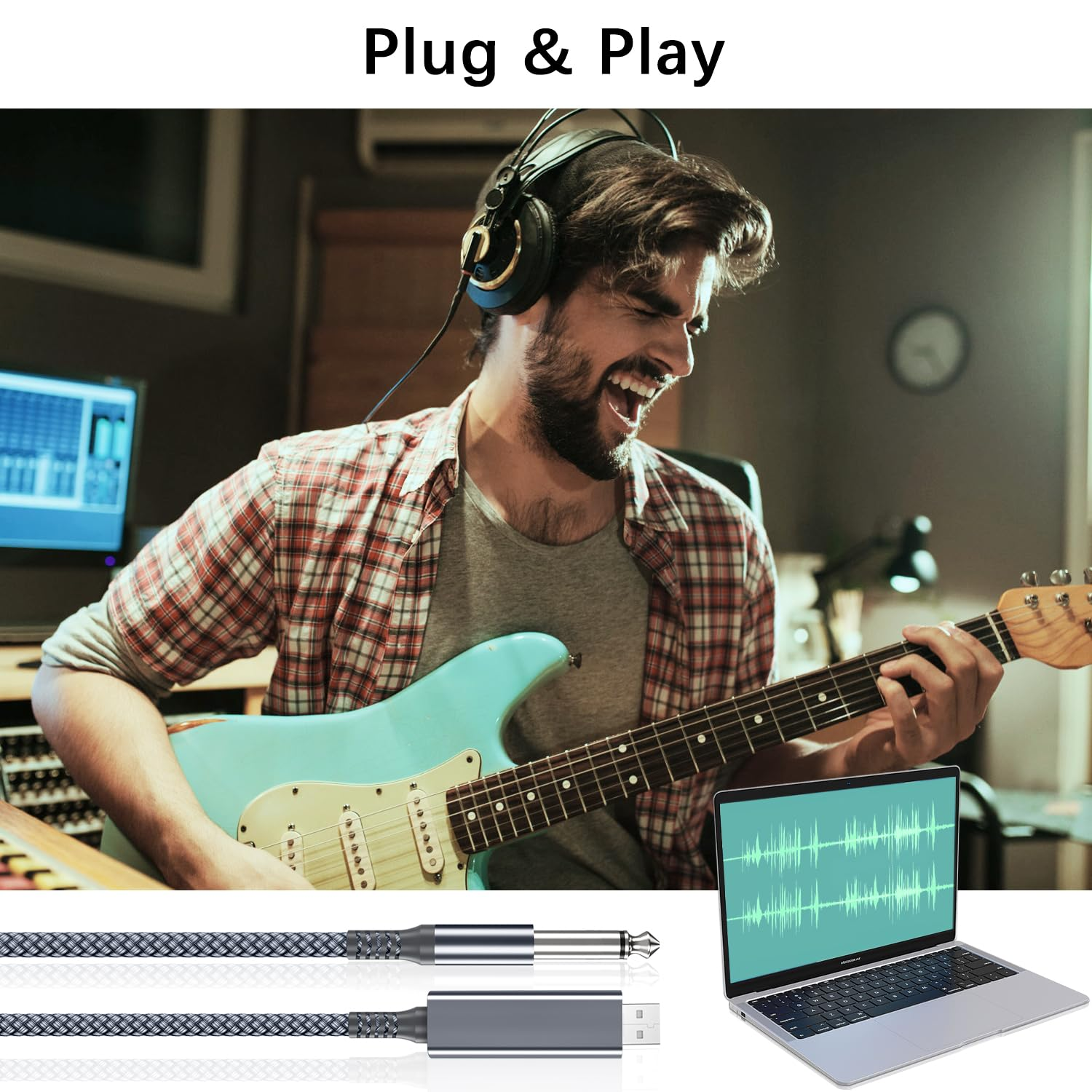 Elebase USB Guitar Cable 3M,1/4 Inch TS Instrument Cord,Usb a to 6.35Mm Male Jack Stereo Audio Interconnect Wire Line for Electric Guitar,Bass,Keyboard,Mixer,Amplifier,Amp,Speaker,Equalizer,10 Feet FT image number 2