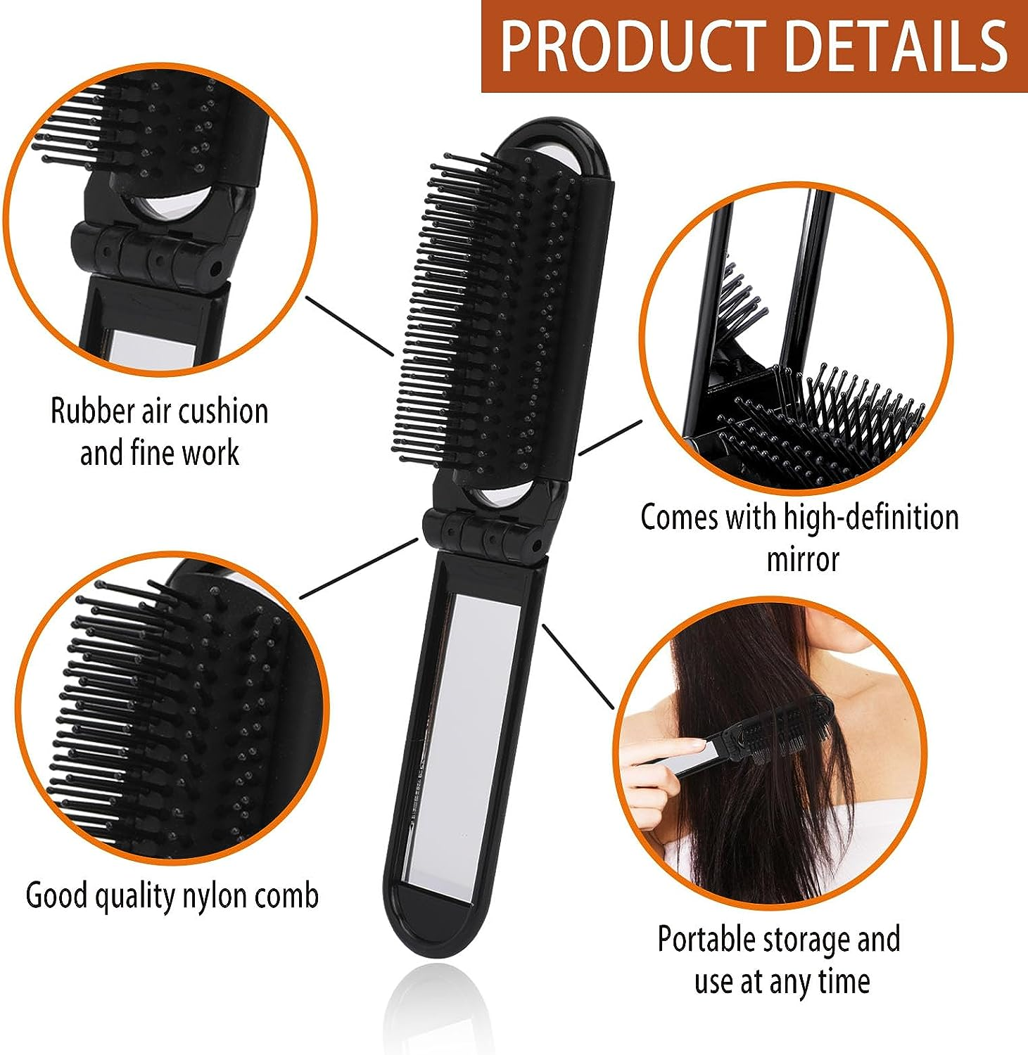 Travel Hair Brush with Mirror, 2 Pack Folding Wet Hairbrush, Travel Size Massage Comb, Compact Foldable Pocket Brush, Hair Styling Tools for Women and Men image number 4