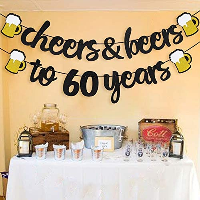 Cheers & Beers to 60 Years Black Glitter Banner for 60Th Birthday Wedding Aniversary Party Supplies Decorations - PRESTRUNG image number 4