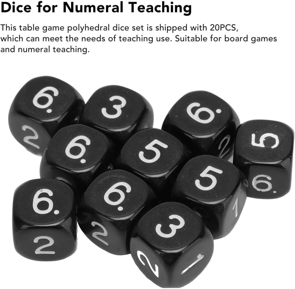 20Pcs Black 6 Sided Number Dice, round Corner Polyhedral Dice, Polyhedral Dice Role Playing Dice for Numeral Teaching Board Games, Table Games Role Playing Dice Black Dice（16Mm ）