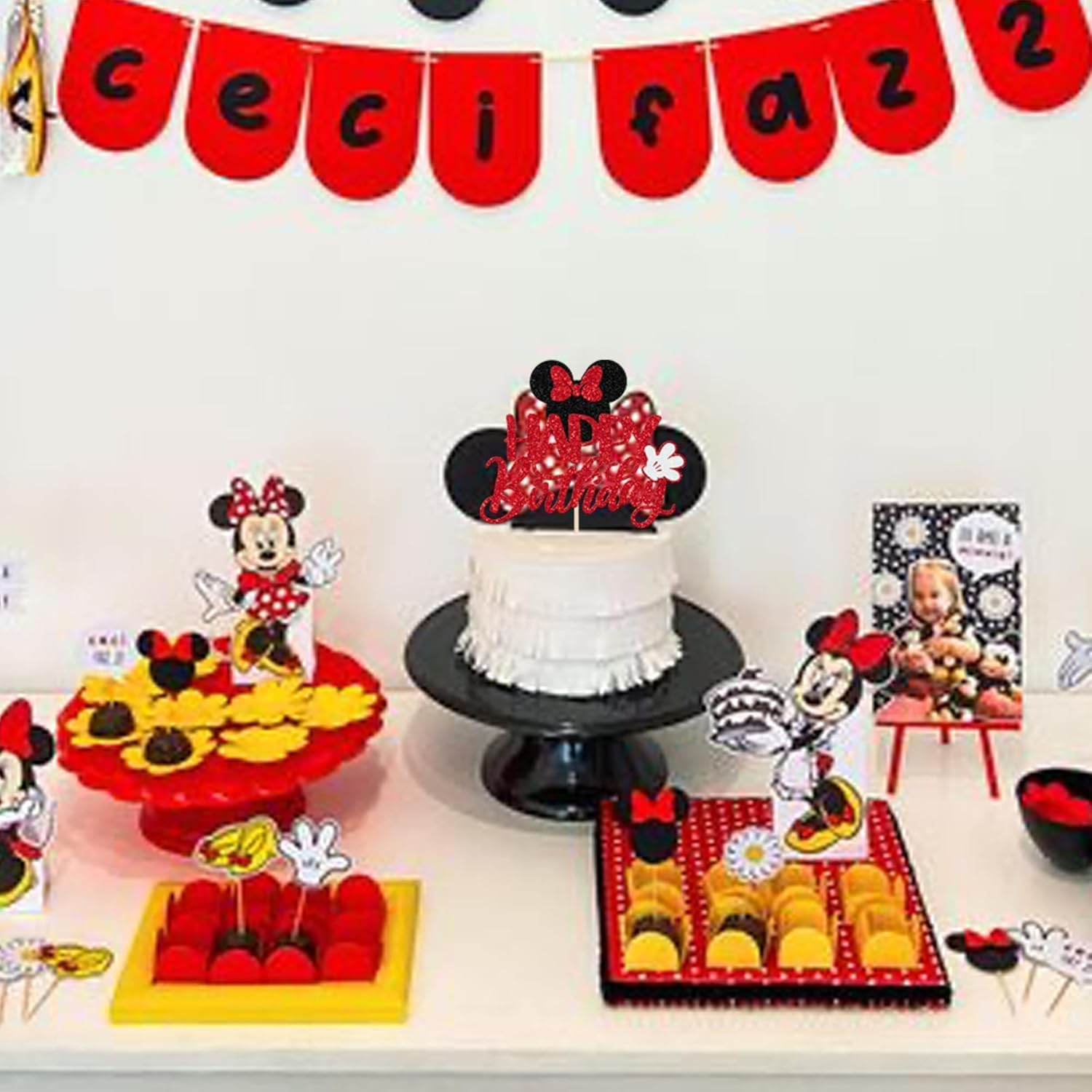 1 Pack Mouse Happy Birthday Cake Toppers Glitter White Gloves Bow Mouse Inspired Birthday Cake Pick for Baby Shower Kids Birthday Party Cake Decorations Supplies (#6)