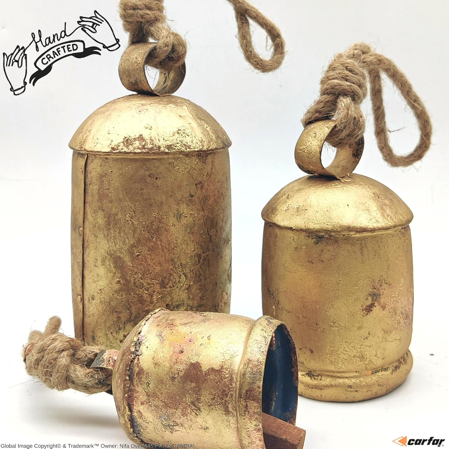 Handicrafts Vintage Rustic Metal Harmony Cow Bells Set of 3 Huge Rustic Christmas Handmade Bells on Jute Rope image number 6