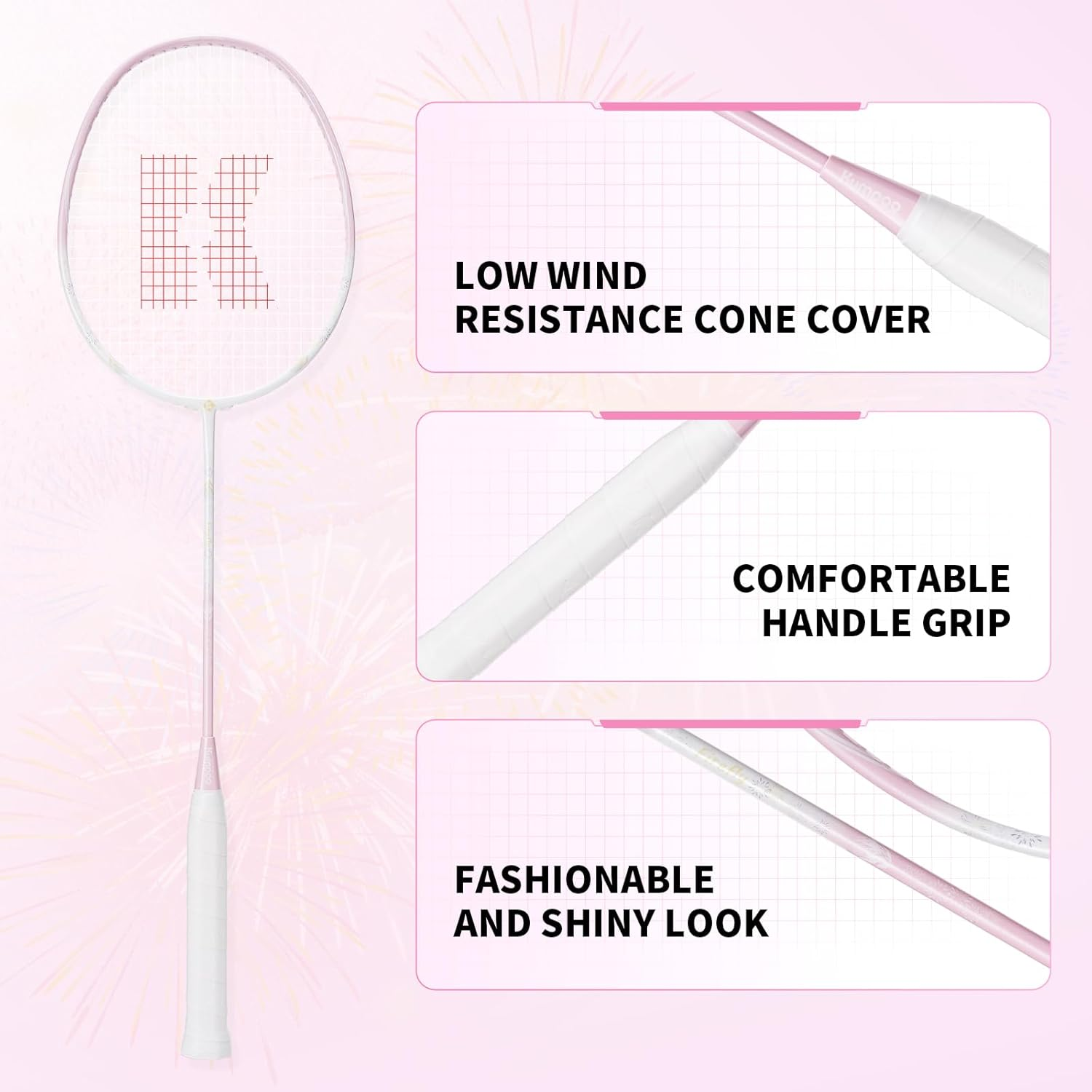 Professional Badminton Racket, Carbon Fiber Badminton Racket, High Tension String Lightweight Badminton Racquet with Badminton Racket Bag for Sports Training Game - Firefly-Pink image number 3