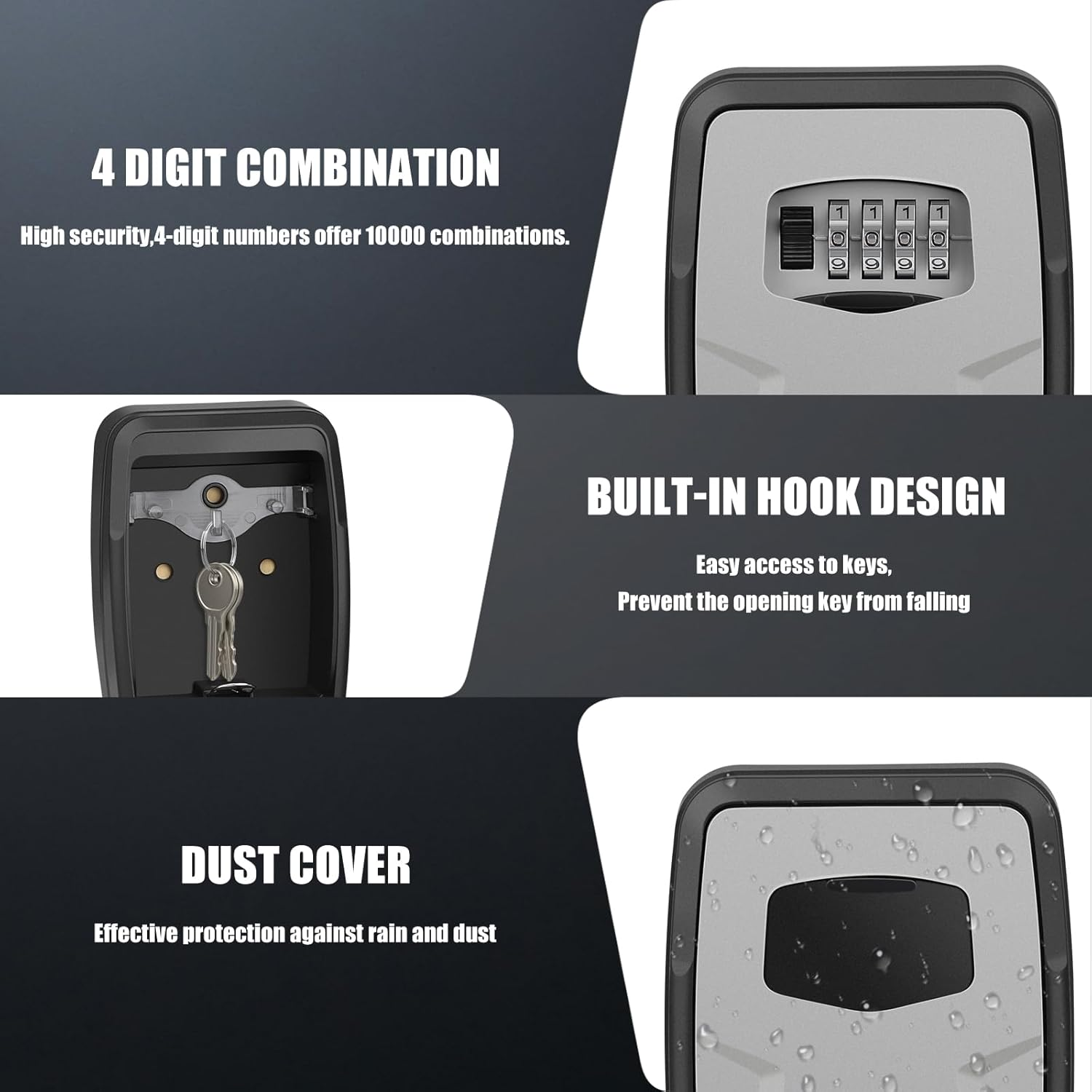 Diyife Large Key Boxes Wall Mounted, [10 Keys] Key Lock Box Outdoor for House, Car Keys, Cards, 4-Digit Combination Waterproof Lock Box Key Safe, Security Box for Home Office Garage School Airbnb-Grey image number 5