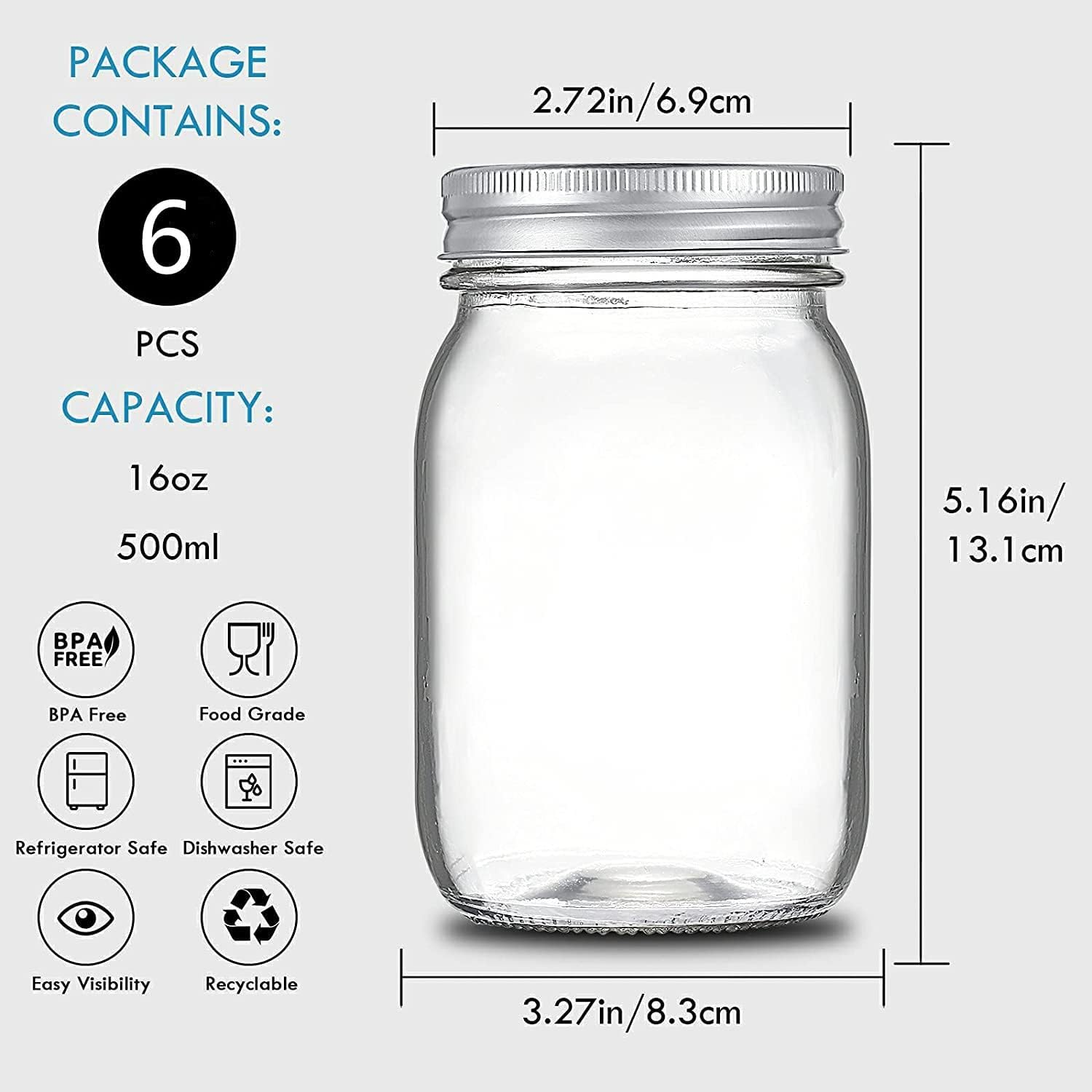 Classic Glass Mason Jars 16Oz, 6 Pack, Wide Mouth, Airtight Lids, Food Storage, Canning, Meal Prep, DIY, Wedding Favors