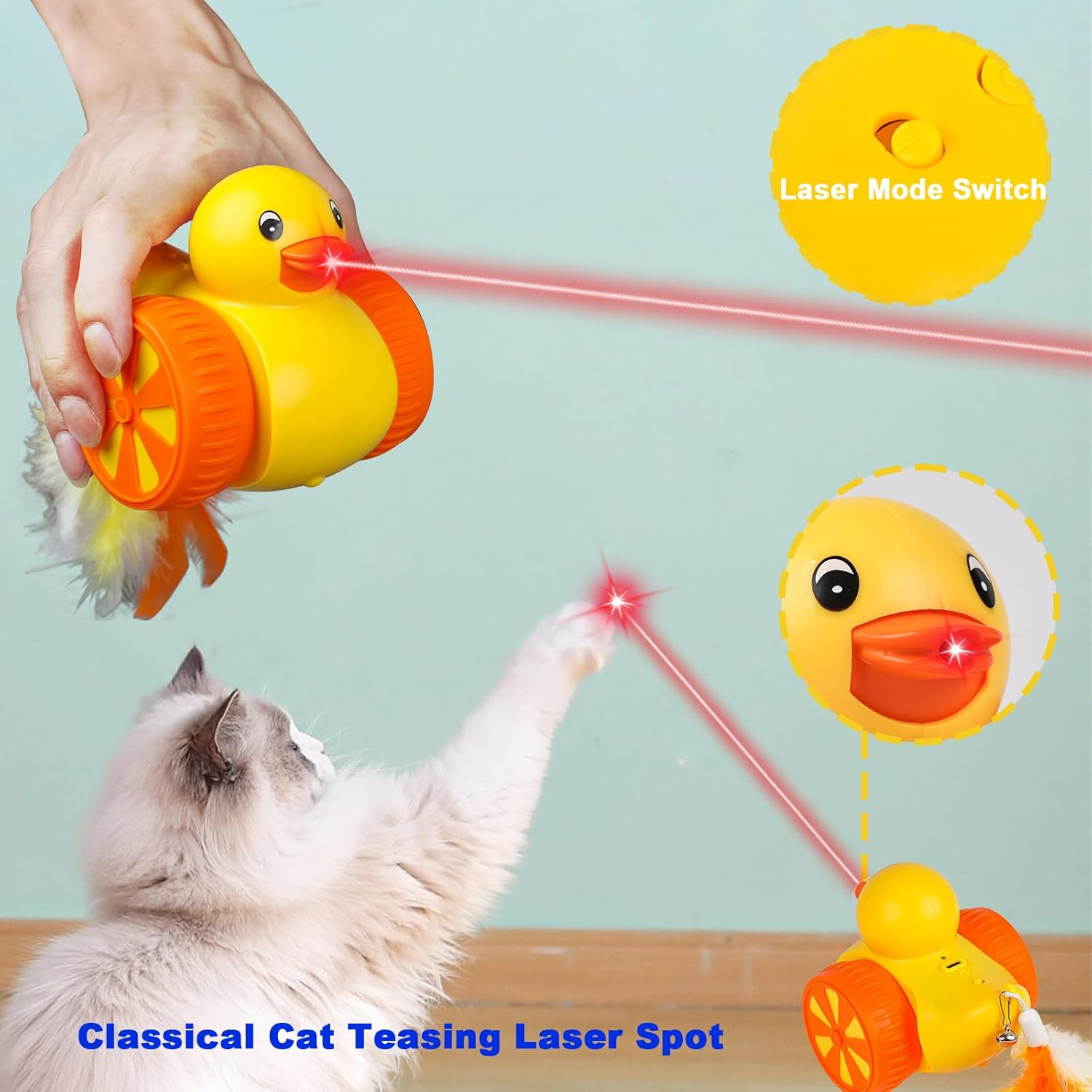 ABCOOL Robot Automatic Cat Toy with Random Trajectory Laser Feather for Smart Pet Kitten Dog Game Fun Exercise, 3 in 1 Duck Electric Indoor Rechargeable Automated Moving Playing Toy image number 1