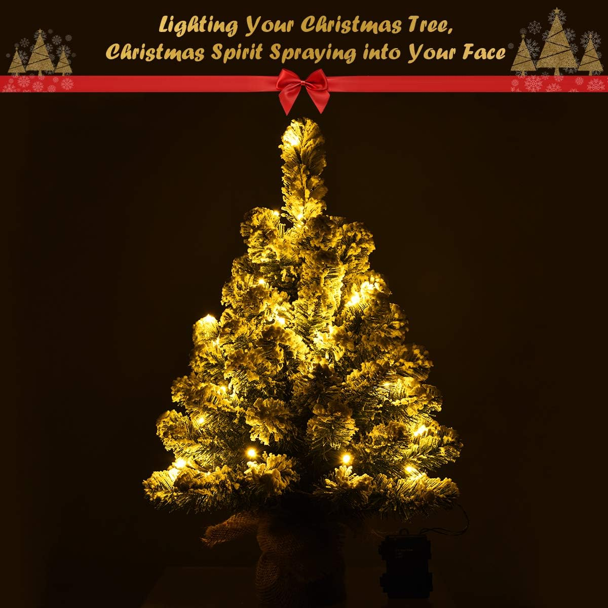 60CM Pre-Lit Snowy Christmas Tree, Mini Artificial Xmas Table Top Tree W/30 Warm White LED Lights, Battery Operated, 6 Hours Timer, Snow Flocked Tips, Potted Base W/Linen for Home, Office, Shop image number 4