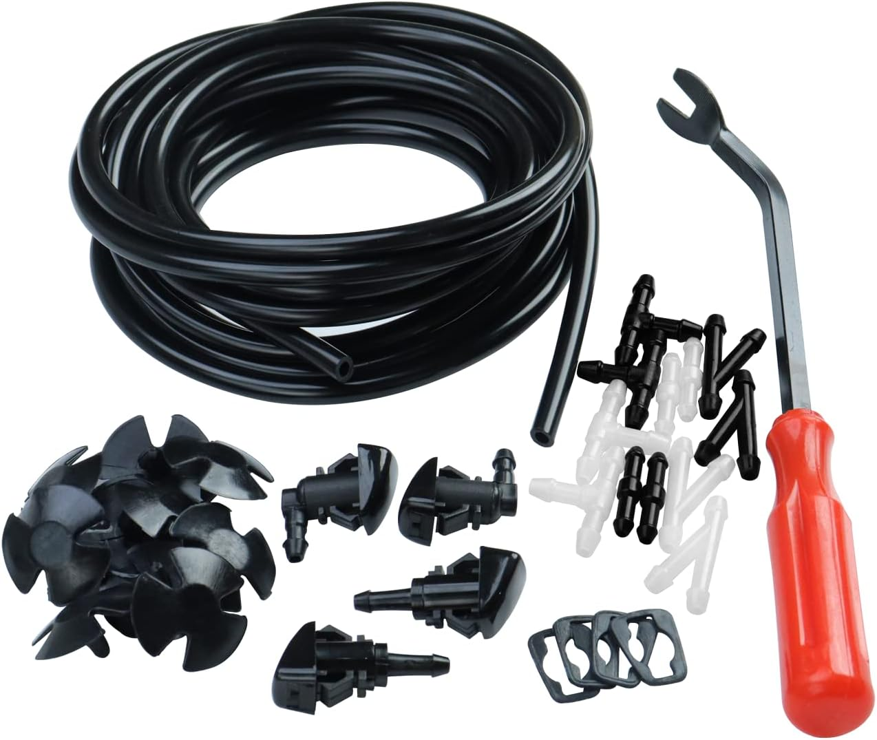 Windshield Washer Nozzles Kit Replace for Dodge Ram, Chrysler, J-Eep, Includ 4M Hose, 4 Waher Nozzles & Gasket, 12 Connectors, 30 Hood Retainers and 1 Tool (Straight + 90 Degree Washer Nozzles) image number 4