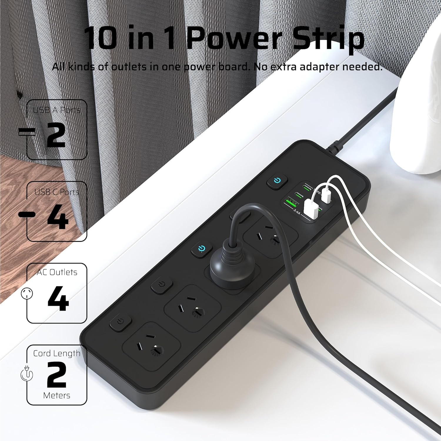 Power Board USB, 2M Black Durable Extension Cord with 4 AC Outlets, 5 Switches, 2 USB-A/4 USB-C Ports Power Strip, Overload, Surge Protection,Wall Mountable Power Board for Office, Home image number 6