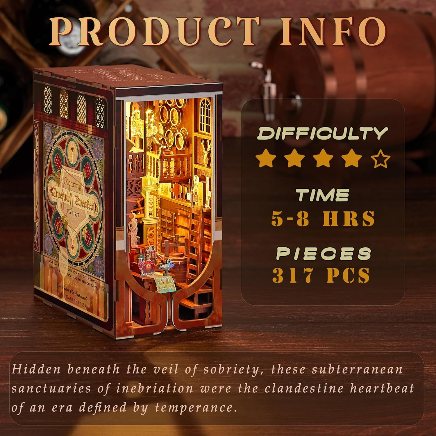 Book Nook Kit, DIY Miniature Dollhouse Booknook Kit, 3D Wooden Puzzle Bookend Bookshelf Insert Decor with LED Light for Teens and Adults (Roaring Twenties Speakeasy) image number 5