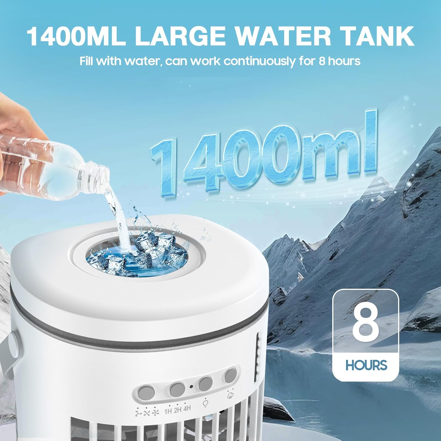 Portable Air Conditioner Fan,Rechargeable 4-IN-1 Personal Mini Cooler Humidifier,3-Speed Evaporative Air Cooler with 7 Color Lights,1400Ml Cordless AC Desktop Spray Fan,Remote Control Cooling Fan image number 6