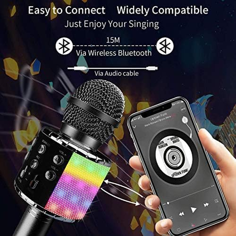 Wireless Bluetooth Karaoke Microphone with Controllable LED Lights, Xkey 4 in 1 Portable Karaoke Machine Speaker for Android/Iphone/Pc, Best Gifts Toys for Girls & Boys (Black1) - Black-2Pcs image number 6
