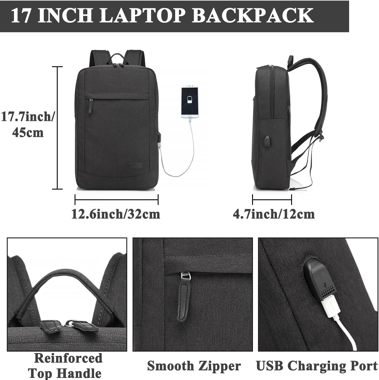Laptop Backpack for Men Women, VASCHY Lightweight Business Backpack Fits 15.6-17 Inch Laptop College School Computer Bag for Work Travel Rucksack with USB Charging Port Black - Black image number 5