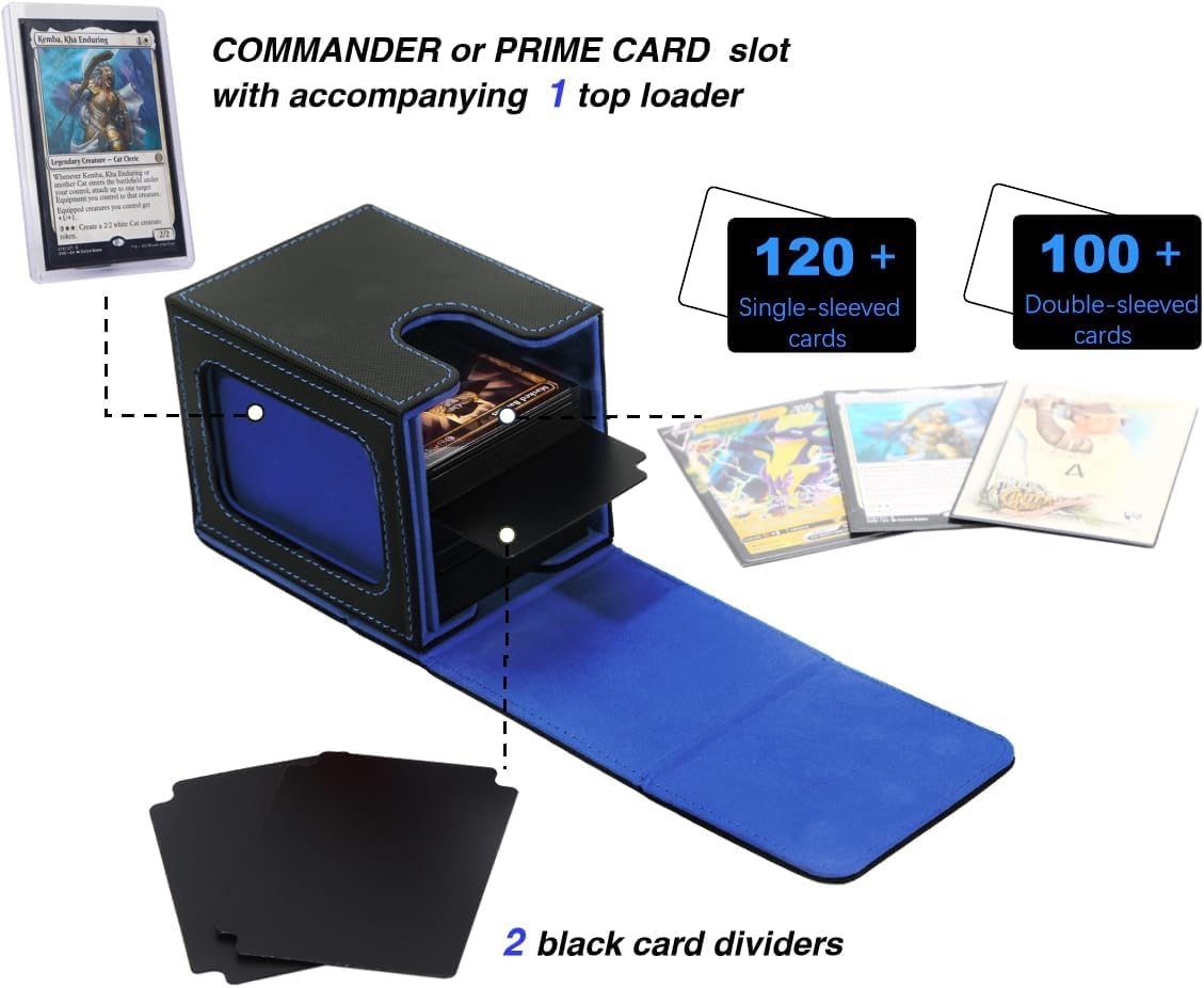 Venssu MTG Deck Box for Commander Display,Card Deck Box Fits 100 Double Sleeved Cards, TCG Card Storage Box with 2 Dividers and 1 Toploader (Black＆Blue) image number 4